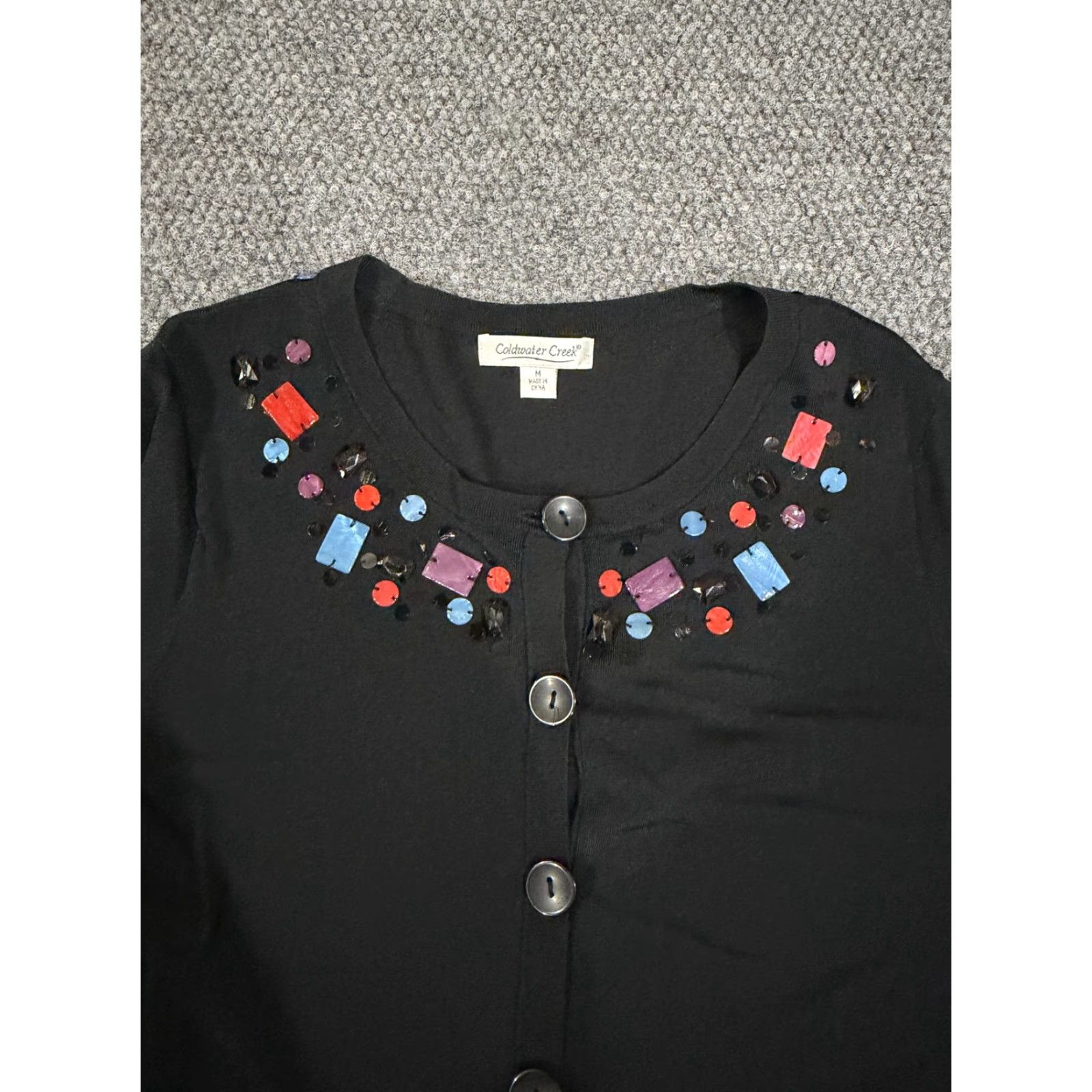 Coldwater Creek Coldwater Creek Cardigan Sweater Womens M Black Beaded Neck Button Front Crew Neck Lightweight Geometric Knit Size M / US 6-8 / IT 42-44 - 4 Thumbnail
