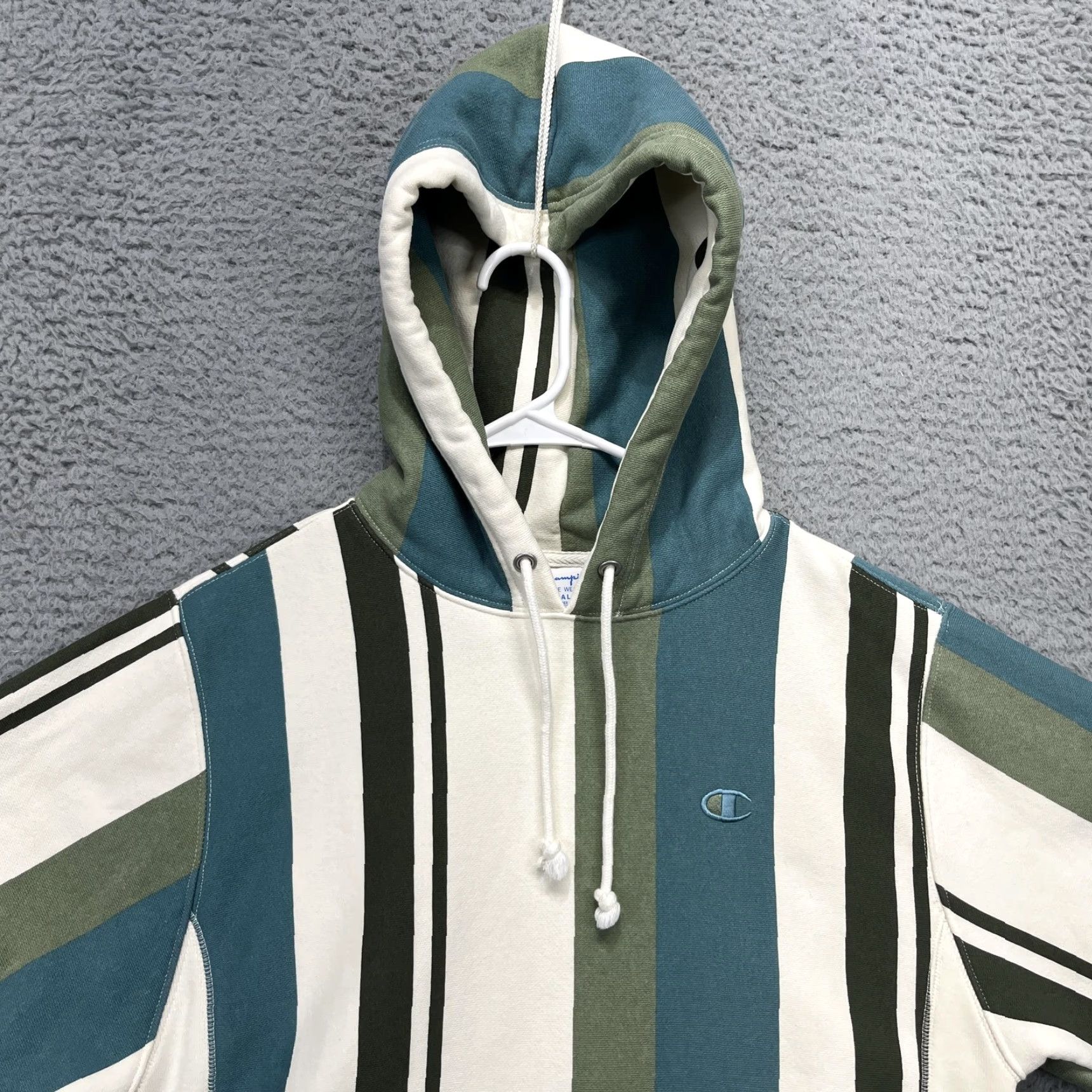 Champion Champion Reverse Weave Hoodie Mens Small Green Striped Pullover Heavyweight Size US S / EU 44-46 / 1 - 2 Thumbnail