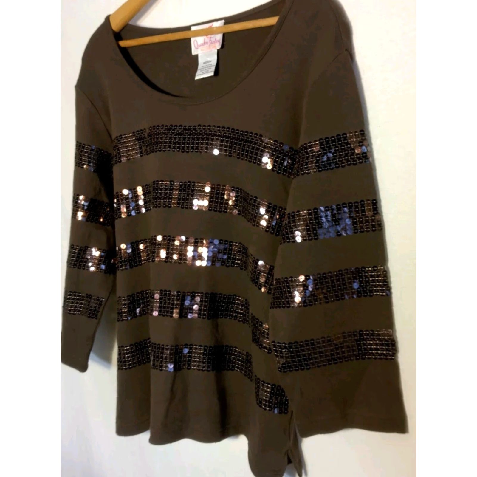 Joe Browns Quacker Factory Shirt Women M Brown Knit Striped Sequin Scoop Neck Casual Sleeve Cotton Regular Sequin Shimmer Party Size M / US 6-8 / IT 42-44 - 2 Thumbnail