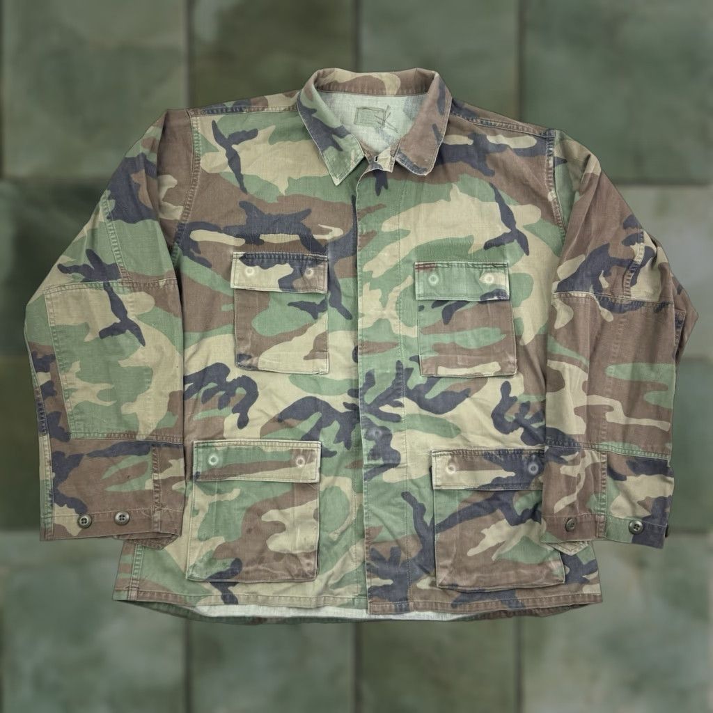 Vintage Army Button Up Shirt Adult Large Green Camouflage Military Grunge 90s