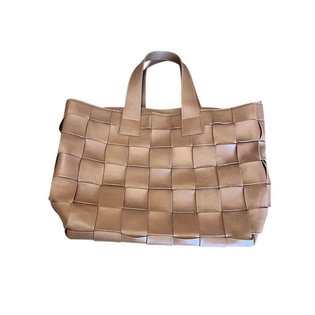 Anna Paolo Brown Leather Woven Checkered Tote Bag Purse, Women's