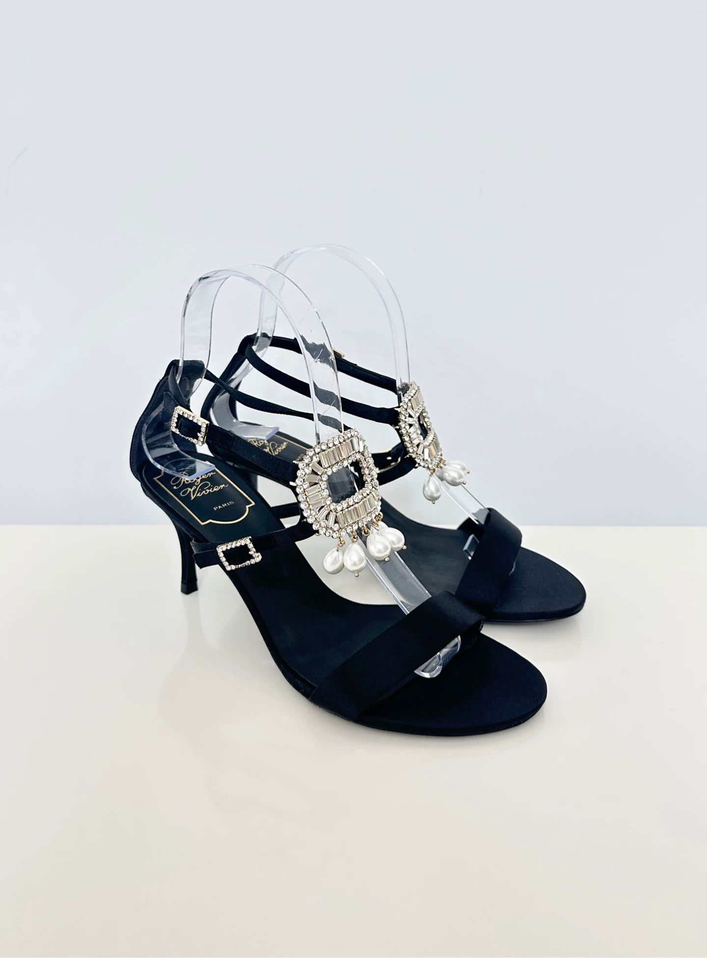 Roger Vivier RV Buckle Satin Crystal Pearl Black Sandal 37 Size US 6 / IT 36 - 3 Thumbnail