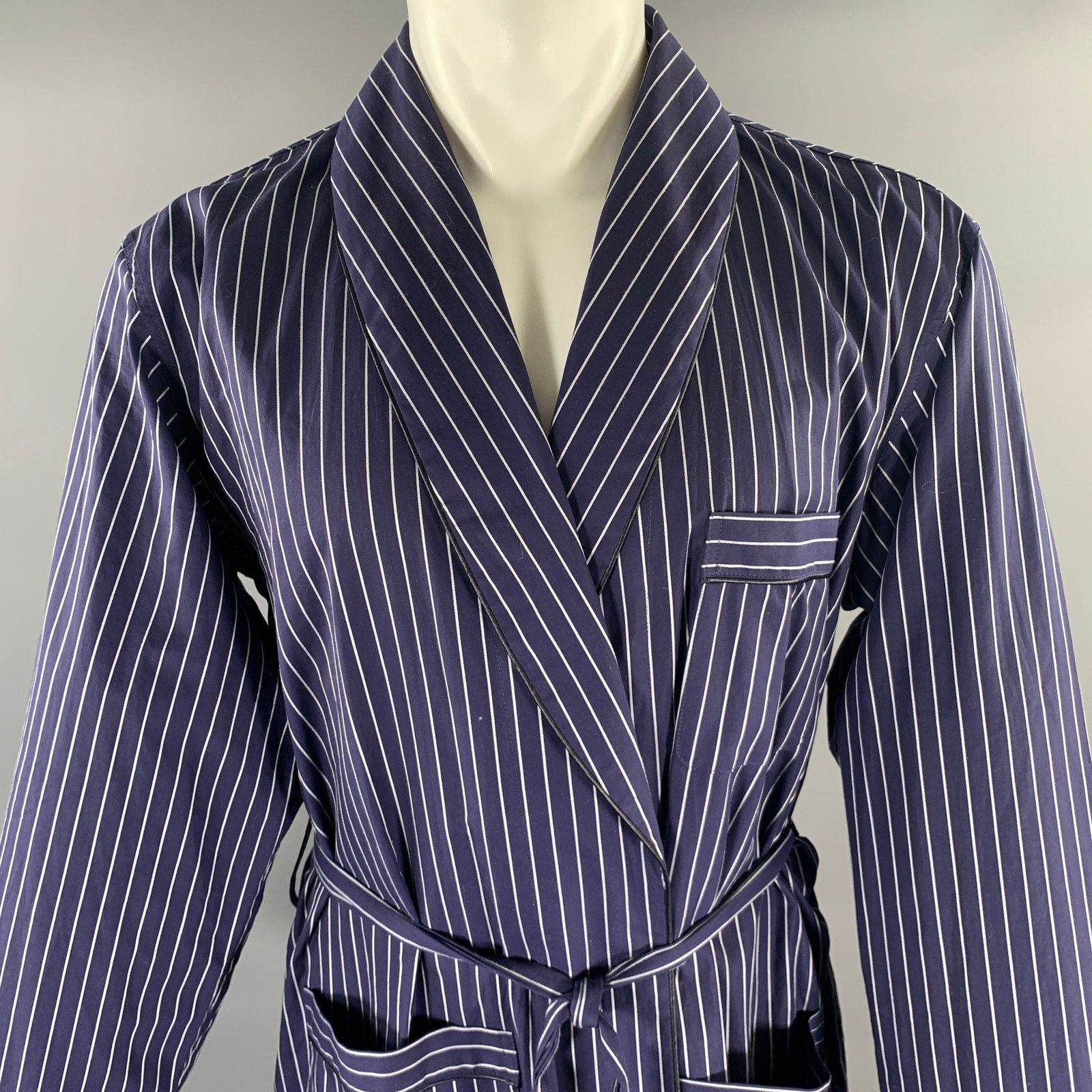 Ermenegildo Zegna ERMENEGILDO ZEGNA S Navy White Pinstripe Cotton Belted Robe Size US S / EU 44-46 / 1 - 2 Thumbnail