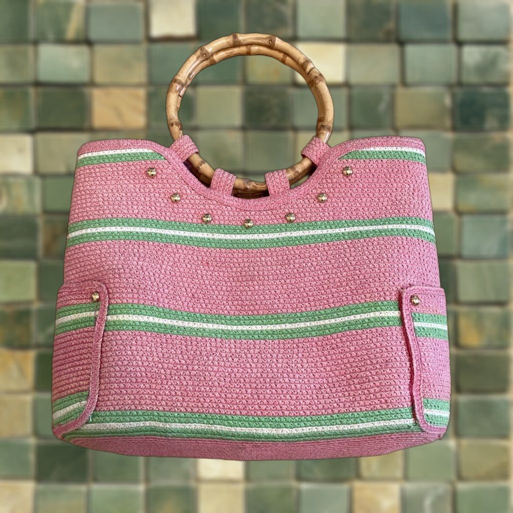 Vintage VTG Raphia Stripe Tote Bag Top Handle Bamboo Handles Pink Green Stripe Boho Women Small Size ONE SIZE - 1 Thumbnail
