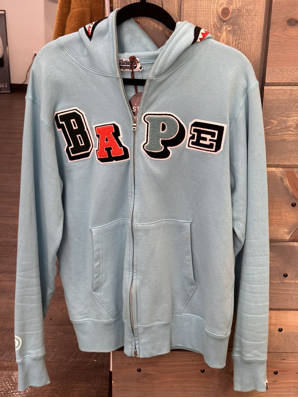 Image of Bape Multi Fonts Shark Full Zip Hoodie in Sax, Men's (Size XL)