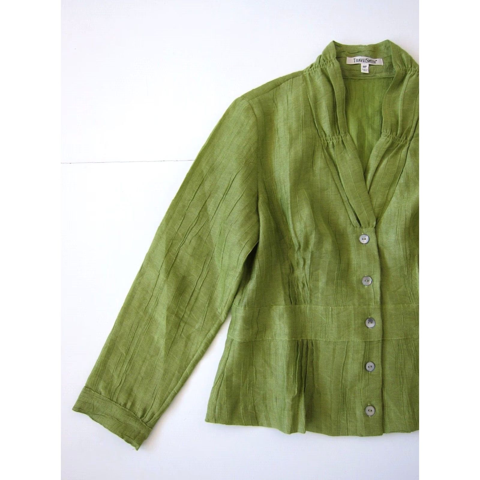 Vintage TravelSmith Blouse PM Petite Long Sleeve Collared Button Down Green Linen Rayon Shirt Womens Size M / US 6-8 / IT 42-44 - 6 Thumbnail