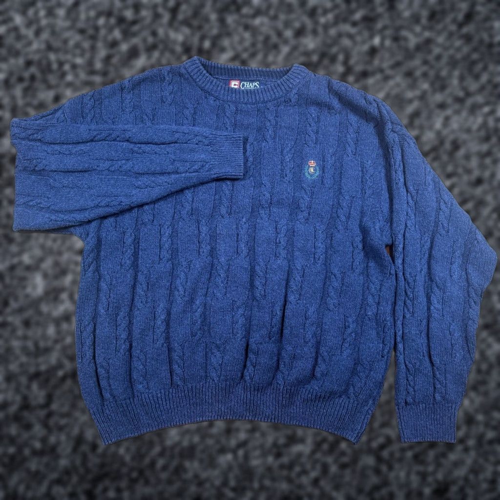 Ralph Lauren VINTAGE Ralph Lauren Sweater Mens XL Cable-Knit Logo Pullover Blue 90s USA Made Cotton Crest Knit Grandpa Classic Size US XL / EU 56 / 4 - 1 Thumbnail