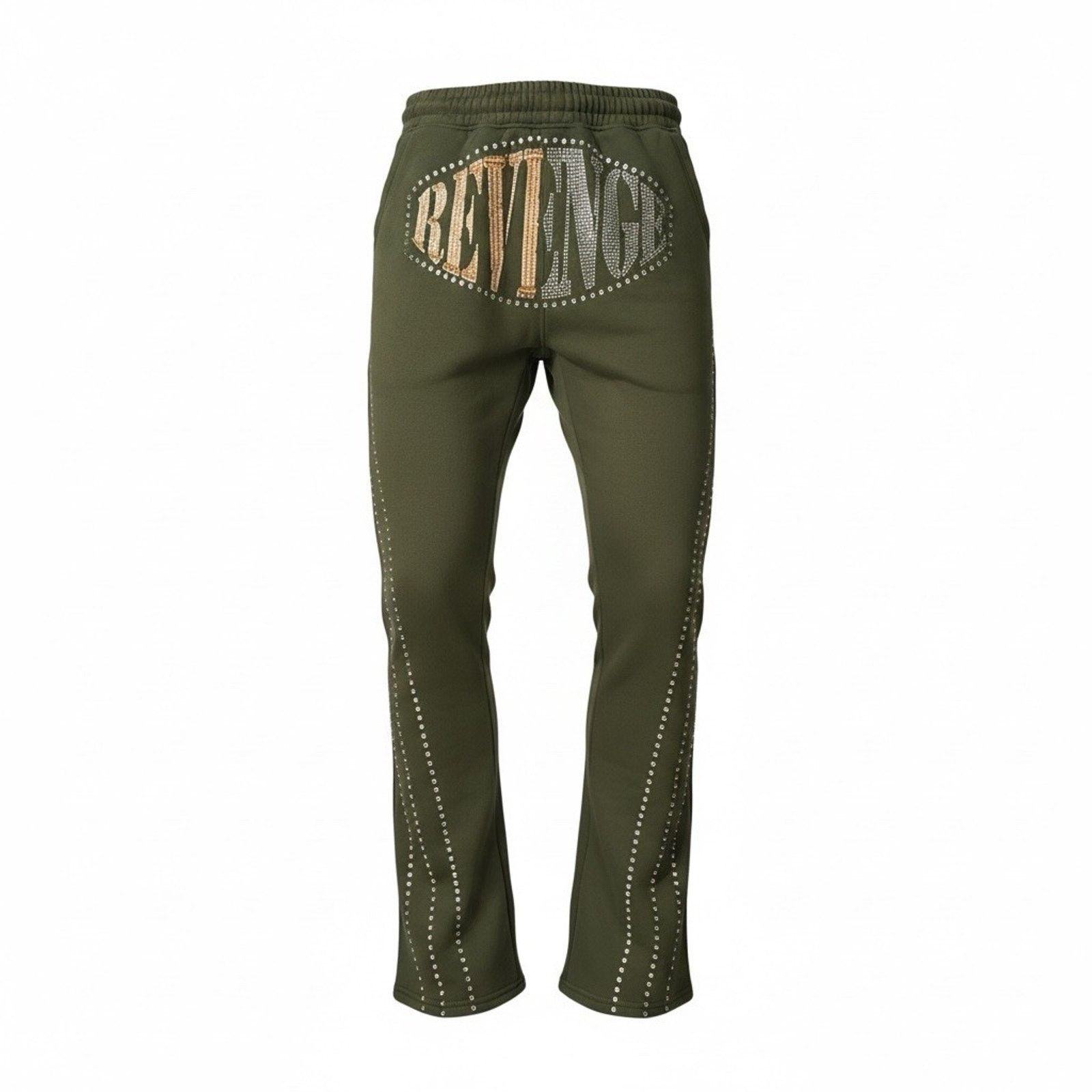 Black Rivet Copper Rivet Men's Olive Flared Terry Joggers Rhinestones M Size US 34 / EU 50 - 5 Thumbnail