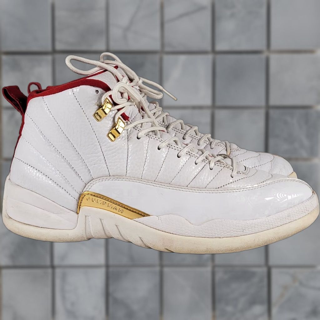 Jordan Brand Nike Air Jordan 12 Retro White/Red/Metallic Gold Mens Size 11 US Leather Upper High Top Sneaker Basketball Casual Size ONE SIZE - 1 Thumbnail