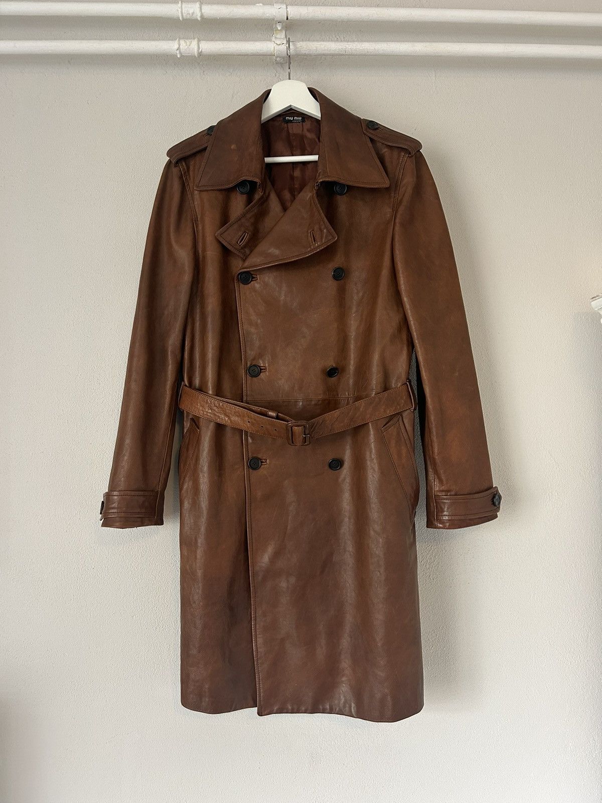 image of Miu Miu Brown Leather Belted Trench Coat, Men's (Size Large)