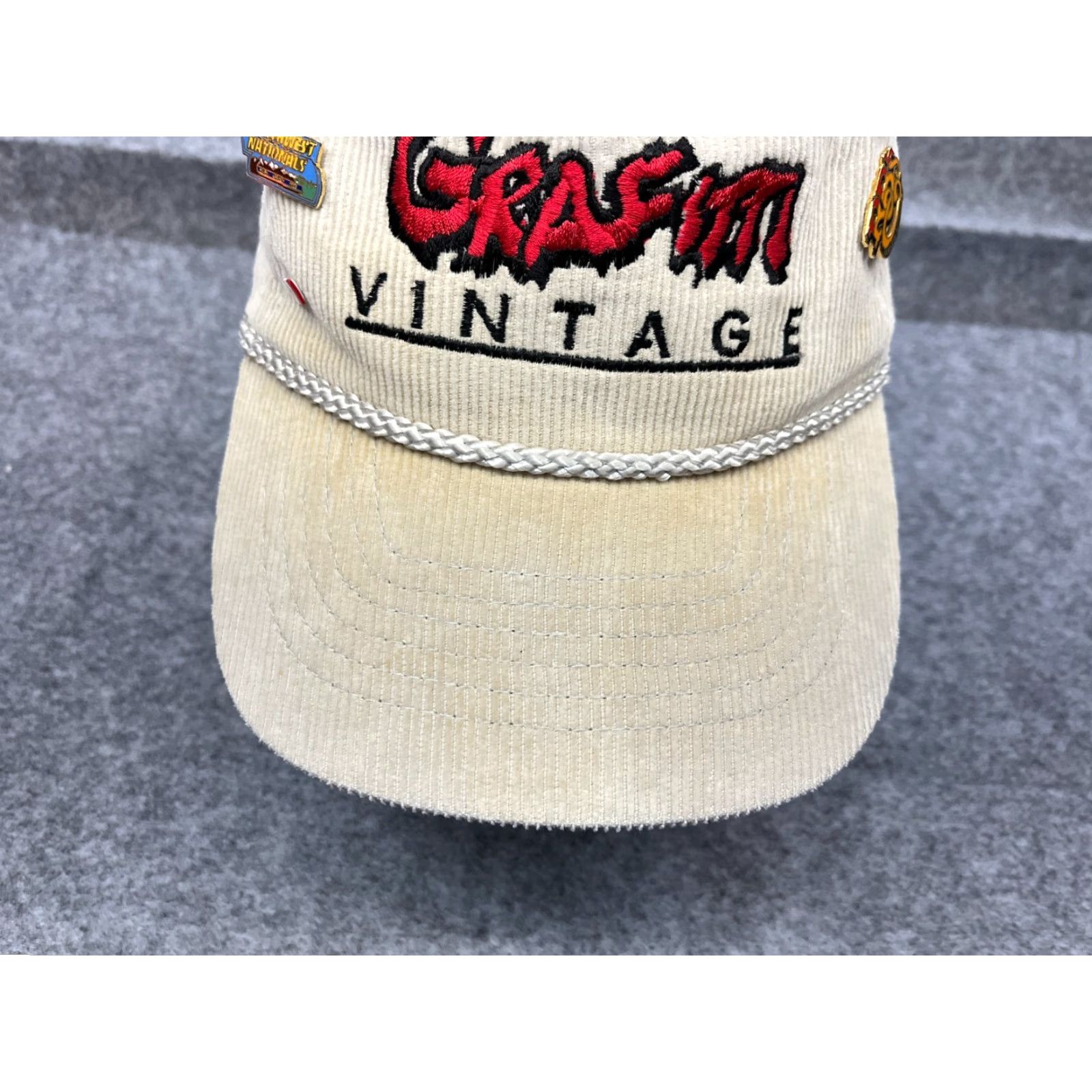 Vintage Grafitti Vintage Hat Cap Strap Back Adult OS Ivory Cotton Corduroy Rope w/Pins Size ONE SIZE - 3 Thumbnail