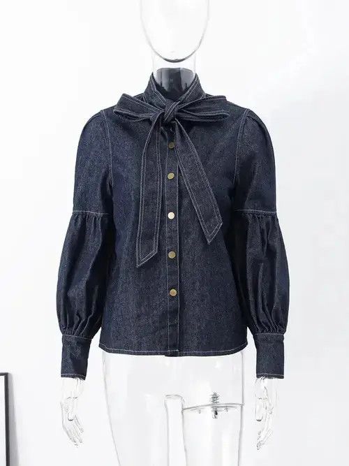 Japanese Brand Denim Shirt Women Stand Collar Single-breasted Female Size M / US 6-8 / IT 42-44 - 5 Thumbnail