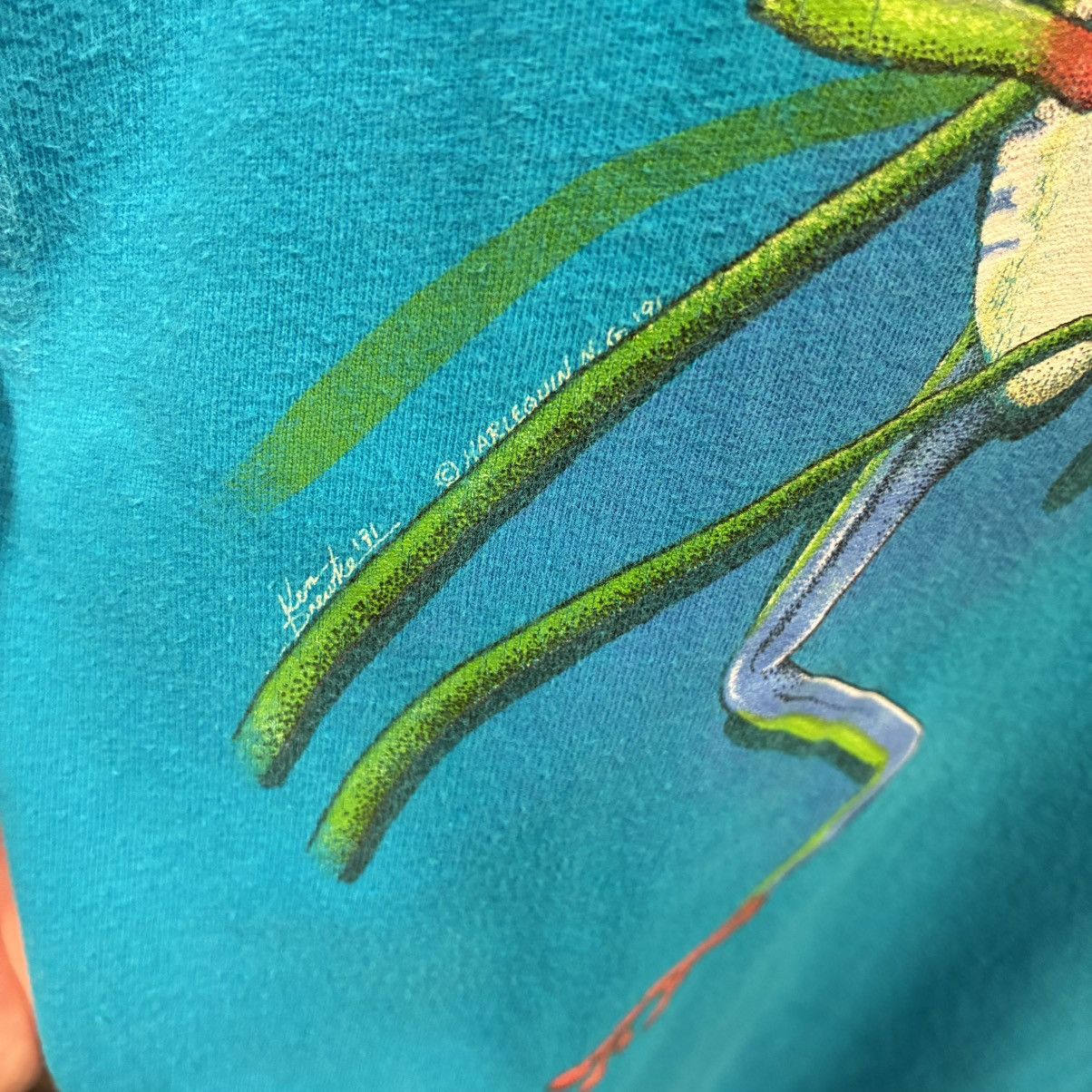 Hanes Vintage 1991 Teal Blue Wraparound Nature Frog Art tee Large Size US L / EU 52-54 / 3 - 3 Thumbnail