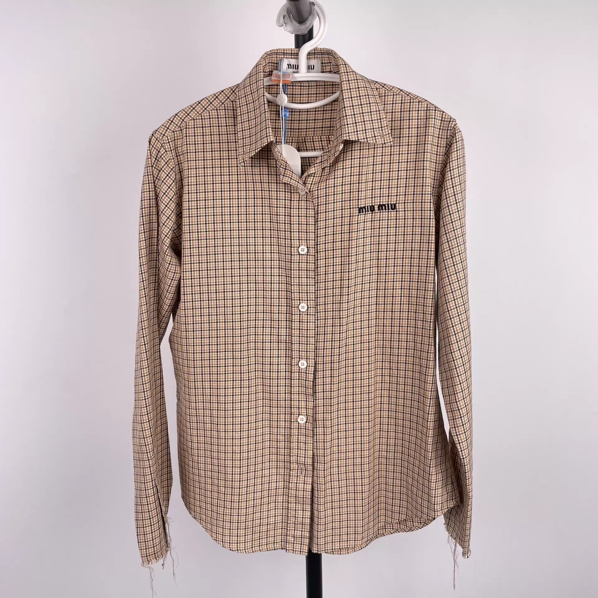 Miu Miu MIU MIU Checkered Long Sleeve Shirt Brown 38 Size XS / US 0-2 / IT 36-38 - 1 Thumbnail