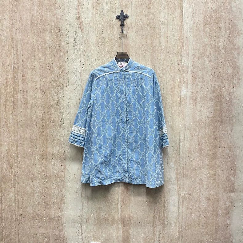 Gucci Gucci Light blue embroidered full-print long-sleeved dress | Grailed