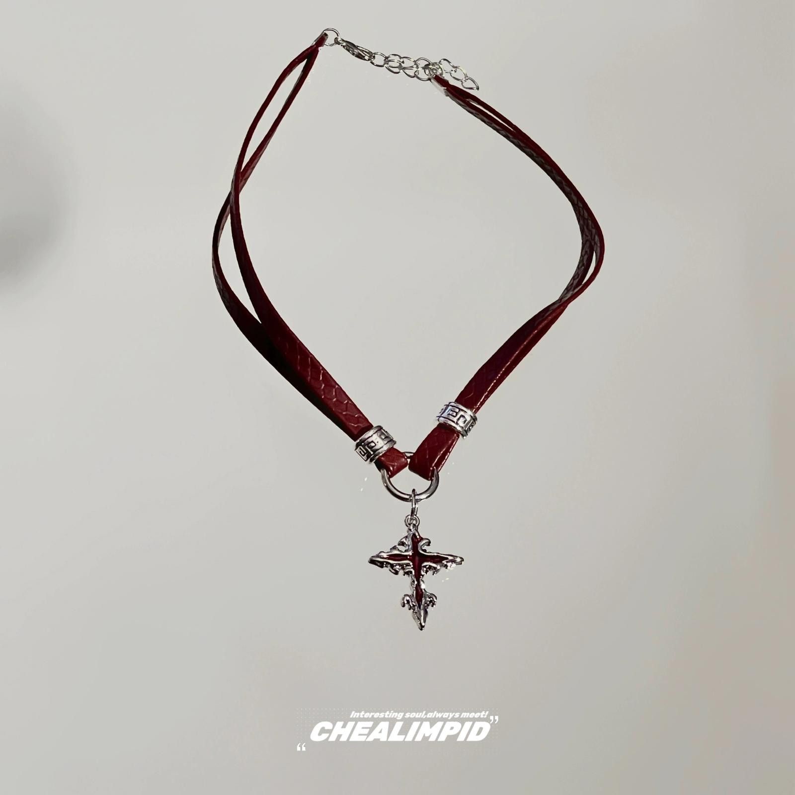 Jewelry Red Leather Cross Charm Choker Necklace, Gothic Jewelry Size ONE SIZE - 4 Thumbnail