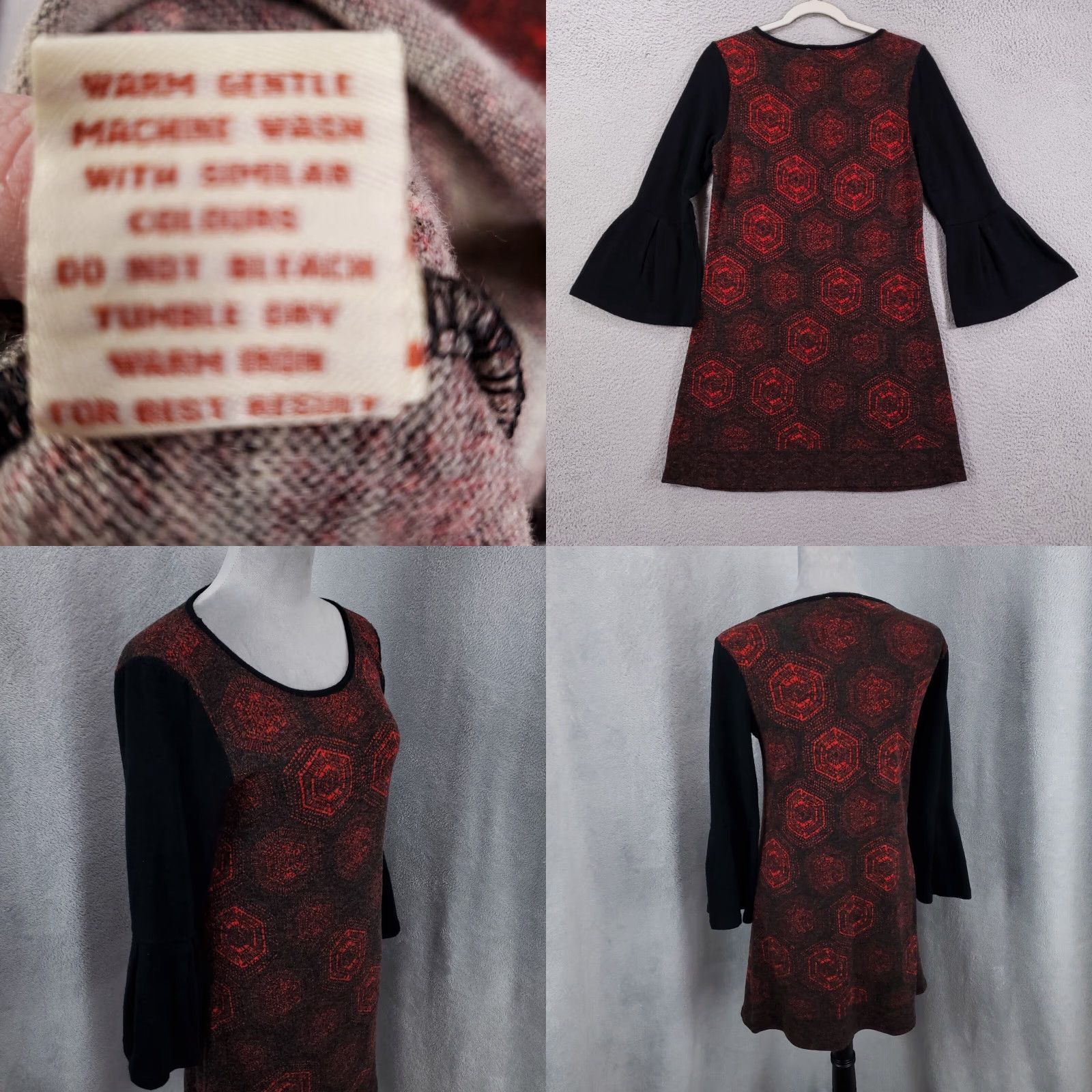 Anthropologie Aryeh Sweater Dress Womens Small Mini Bell Sleeve Multicolor Geometric Boho Casual Size S / US 4 / IT 40 - 8 Thumbnail