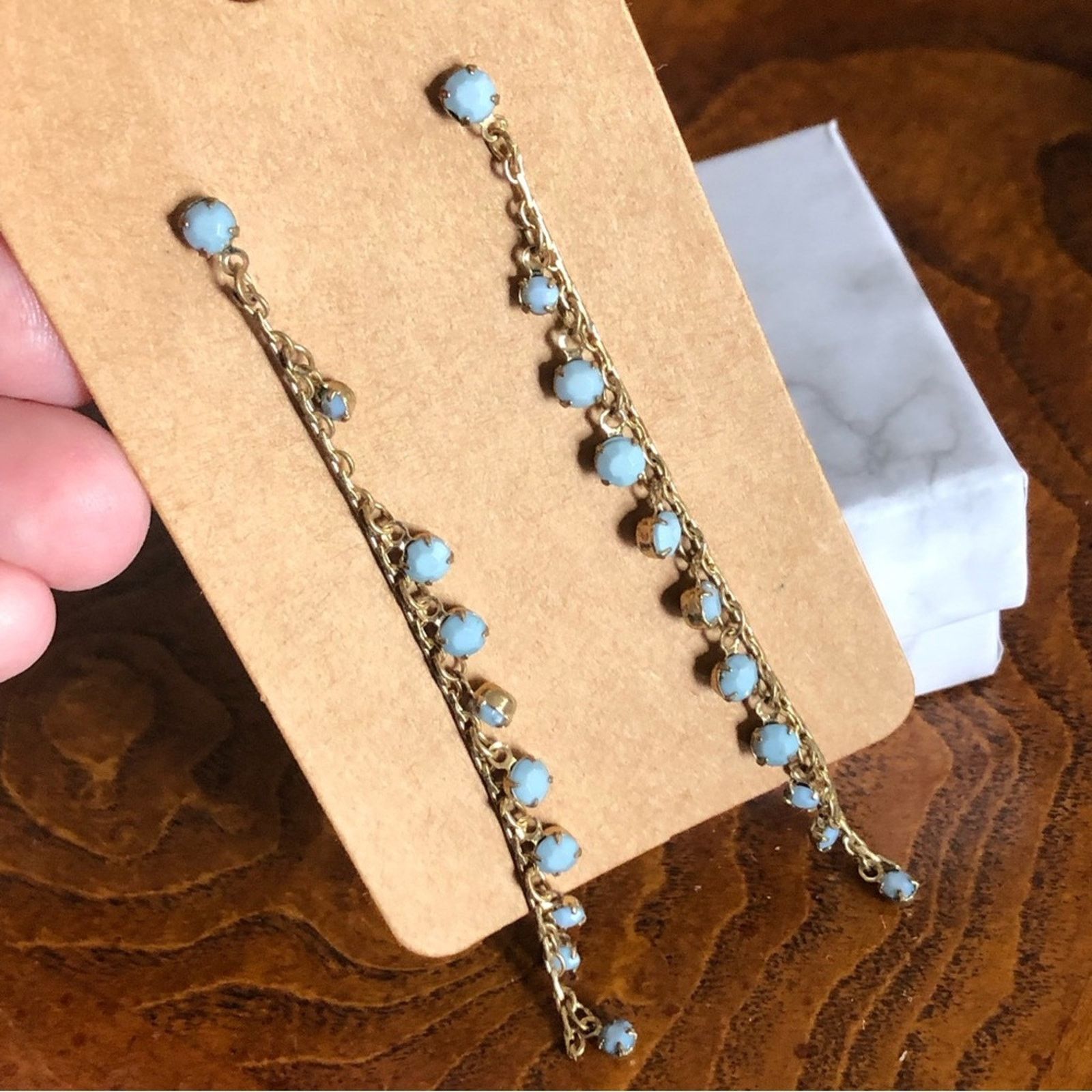 Vintage Vintage turquoise rhinestone chain long length earrings Size ONE SIZE - 1 Thumbnail