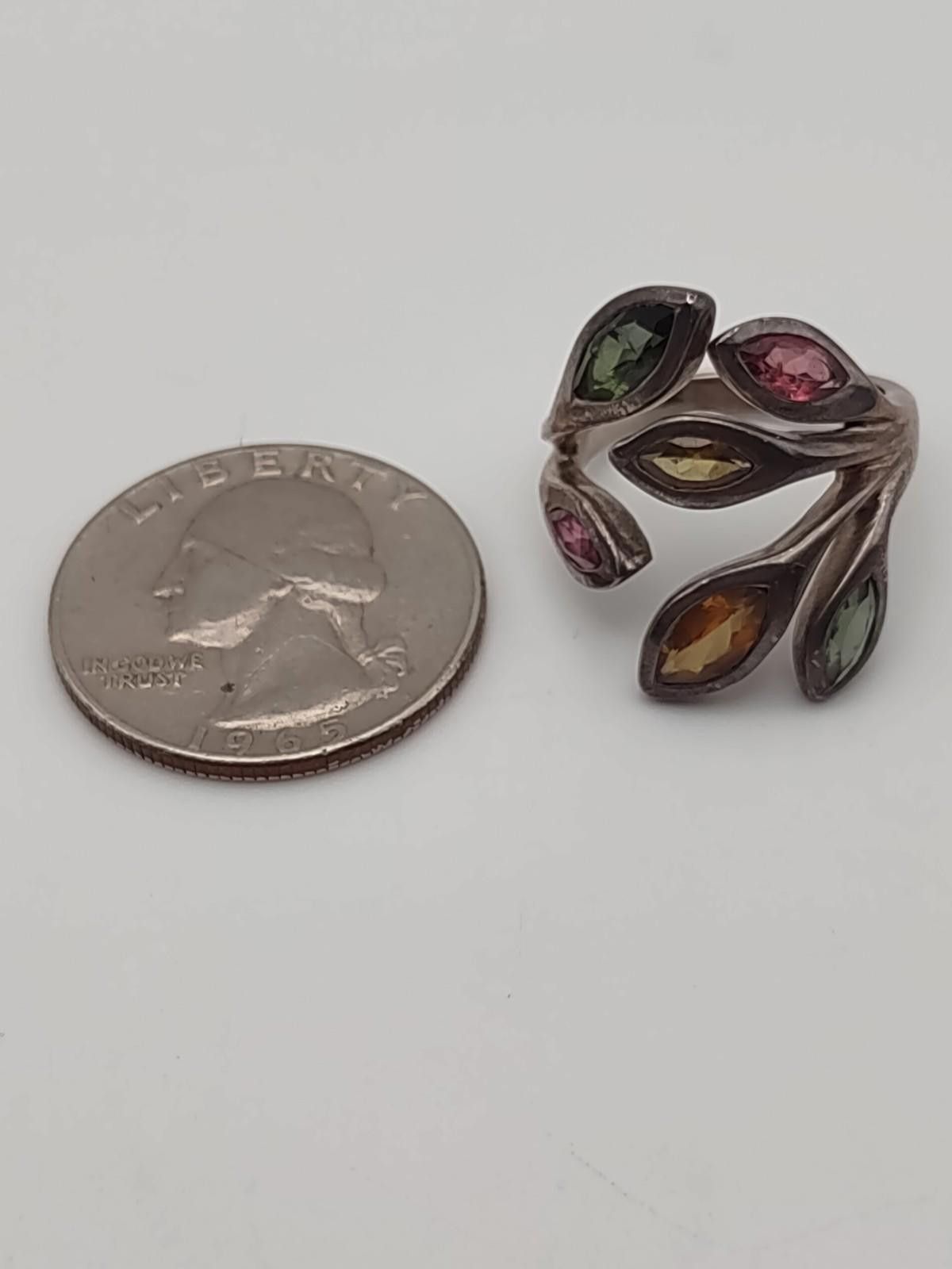 Other SJ 925 Sterling Silver Multi-Gemstone Bypass Leaf Ring Size ONE SIZE - 6 Thumbnail
