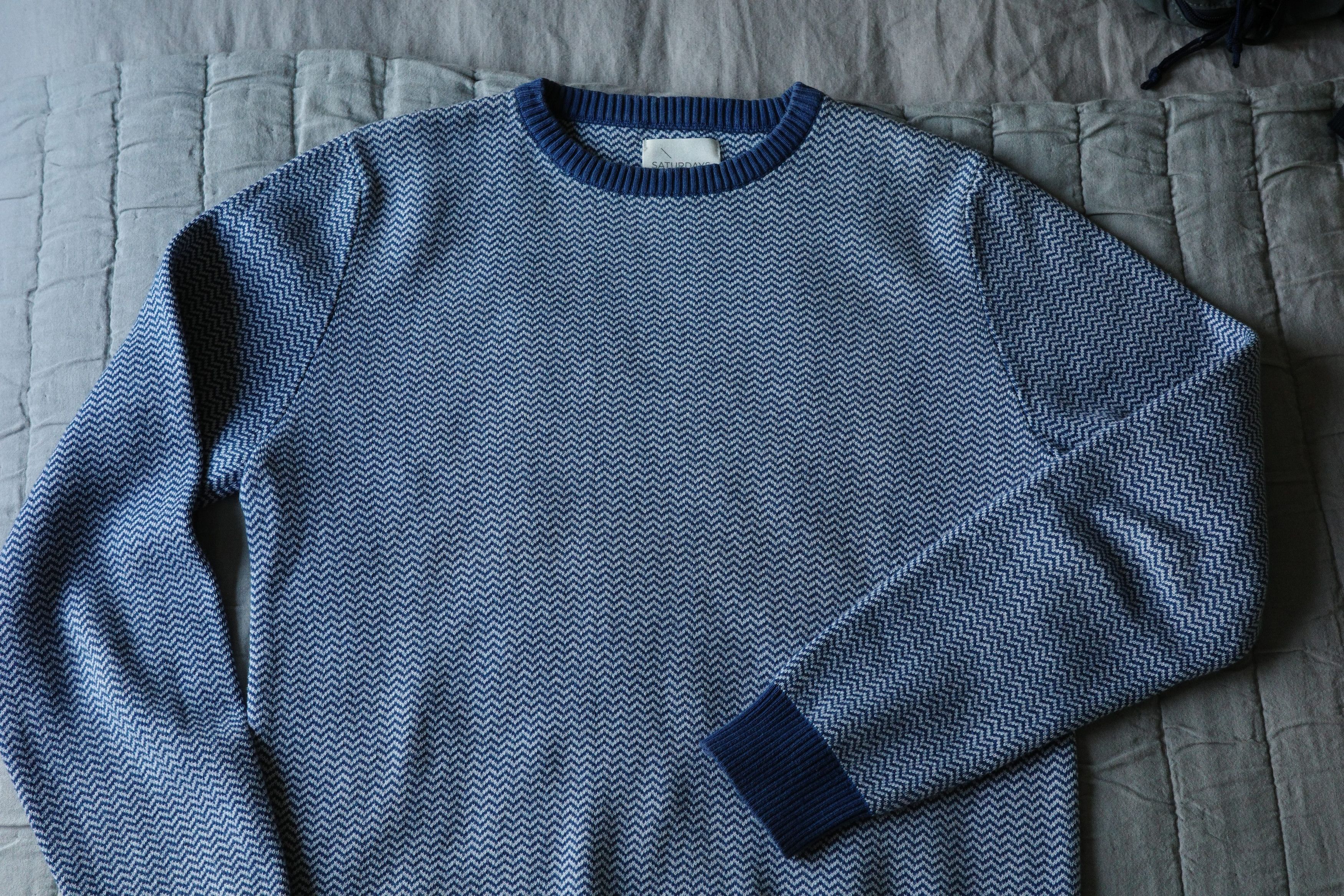 Saturdays NYC Blue Herringbone Cotton Sweater Size US S / EU 44-46 / 1 - 7 Thumbnail