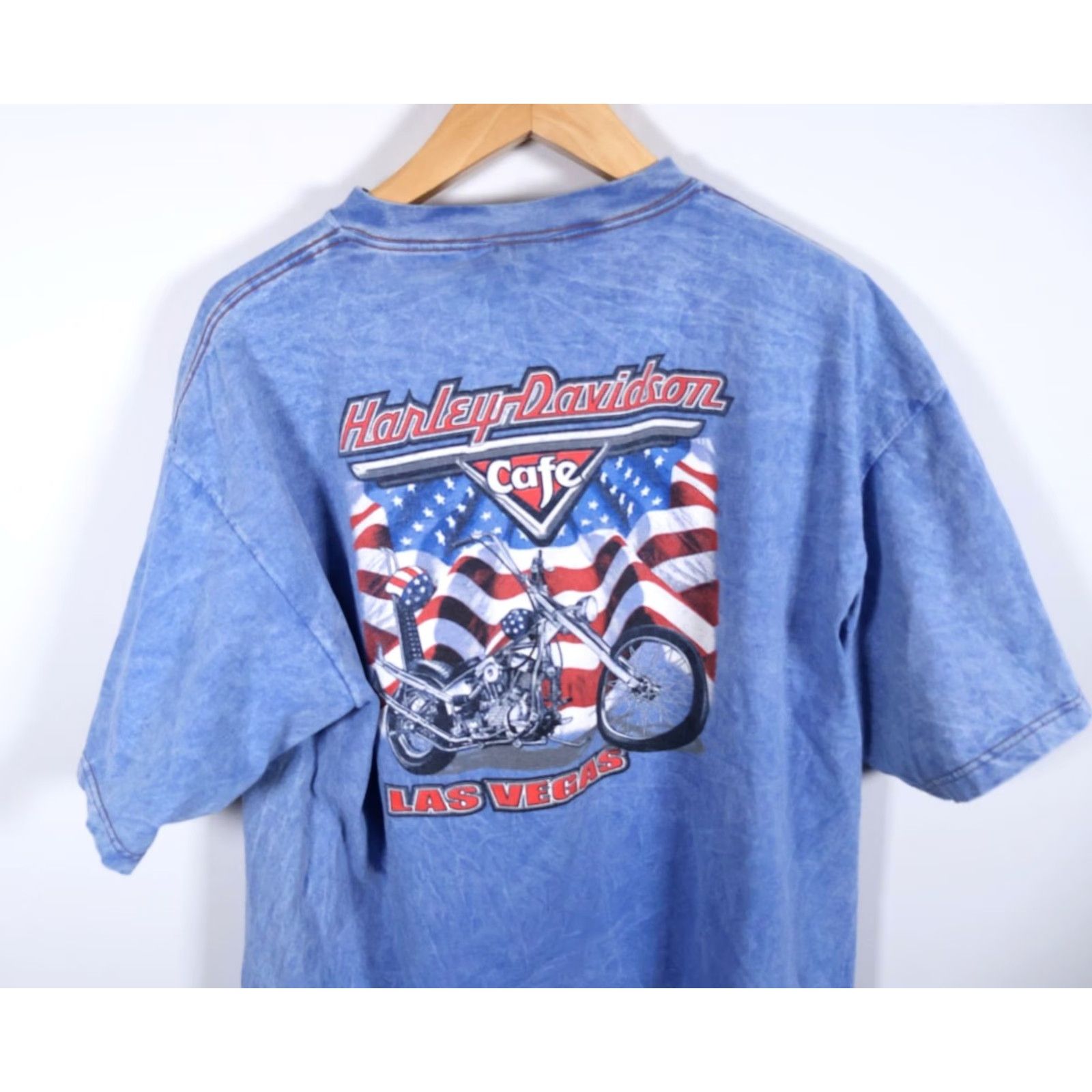 Harley Davidson VINTAGE Harley-Davidson Cafe T-Shirt 2XL Blue Acid Wash Short Sleeve Crew Neck Double-Sided Las Vegas 1999 Mens Size US XXL / EU 58 / 5 - 7 Thumbnail