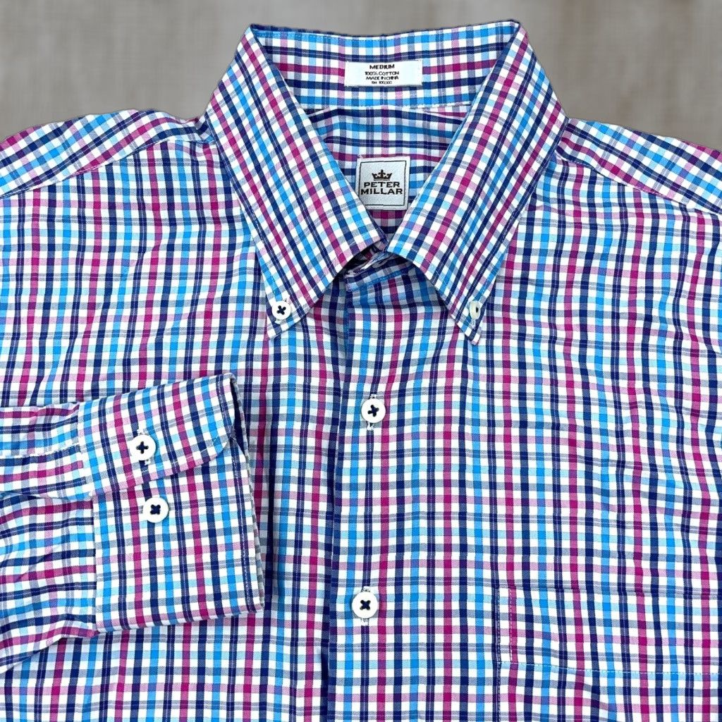 Peter Millar Peter Millar Shirt Men Medium Pink BlueButton Up Tattersall Plaid Dress Poplin Size 40R - 1 Thumbnail
