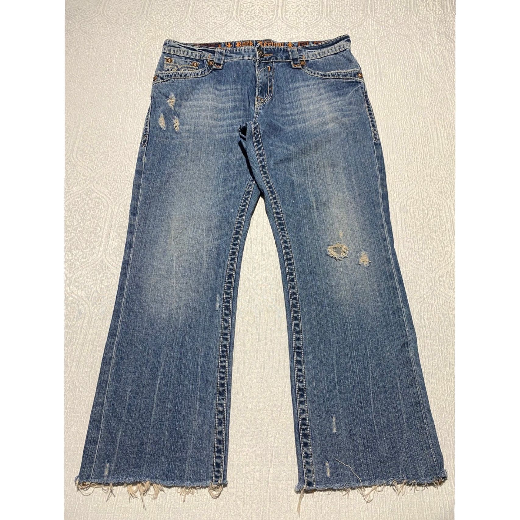Vintage Rock Revival Jeans Mens 36x30 Distressed Embroidered Denim Cropped Raw Hem Paul Straight Straight Jeans Mens Blue 5-Pocket Design Logo Size US 36 / EU 52 - 2 Thumbnail