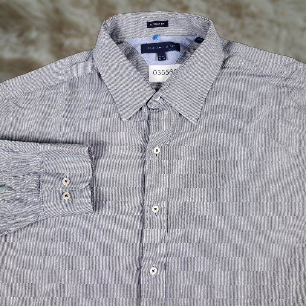 Tommy Hilfiger Tommy Hilfiger Blue Striped Dress Shirt Mens 17.5 Long Sleeve Button Up Size 46R - 1 Thumbnail