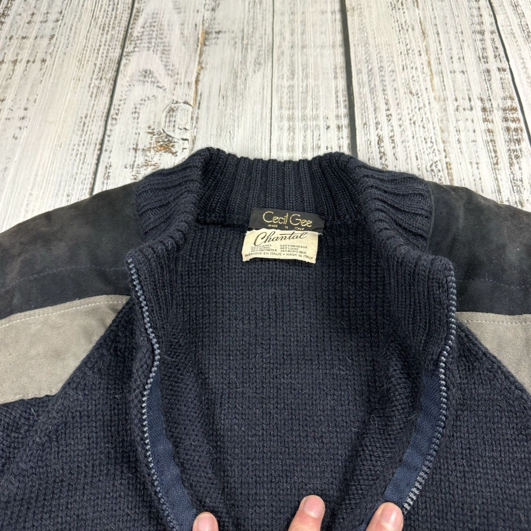 Vintage VINTAGE CHANTAL FOR CECIL GEE WOOL SWEATER JACKET FULL ZIP LEATHER ACCENT BLUE L/XL MEN'S Size US L / EU 52-54 / 3 - 6 Thumbnail