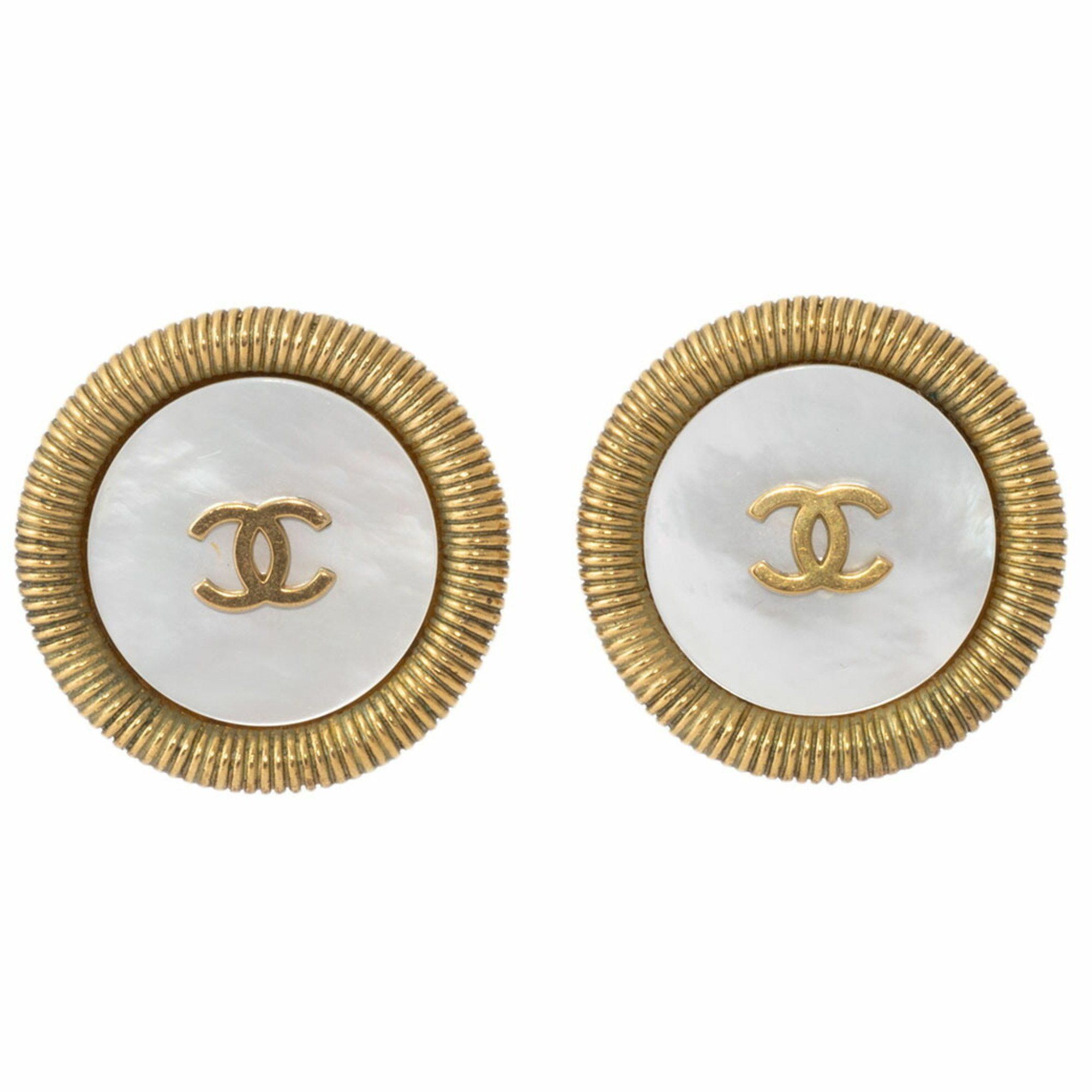 Chanel Chanel Round Shell Coco Earrings Gold Women's 94P Mark CHANEL Size ONE SIZE - 1 Thumbnail