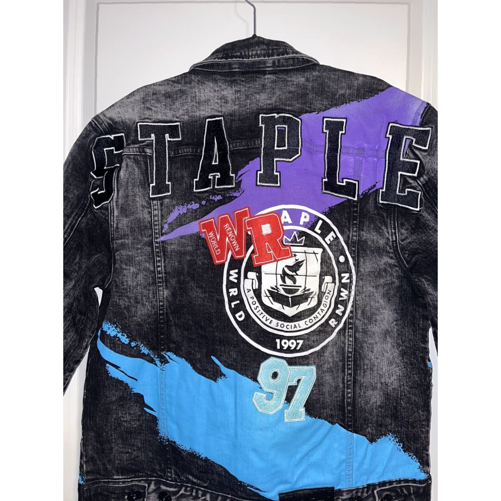 Denime VINTAGE Chamarra Staple Pike Rebel Jacket Mens Denim Black Size M Black/Grey Buttons Patches Pockets Biker Style 90s? Size US 31 - 4 Thumbnail