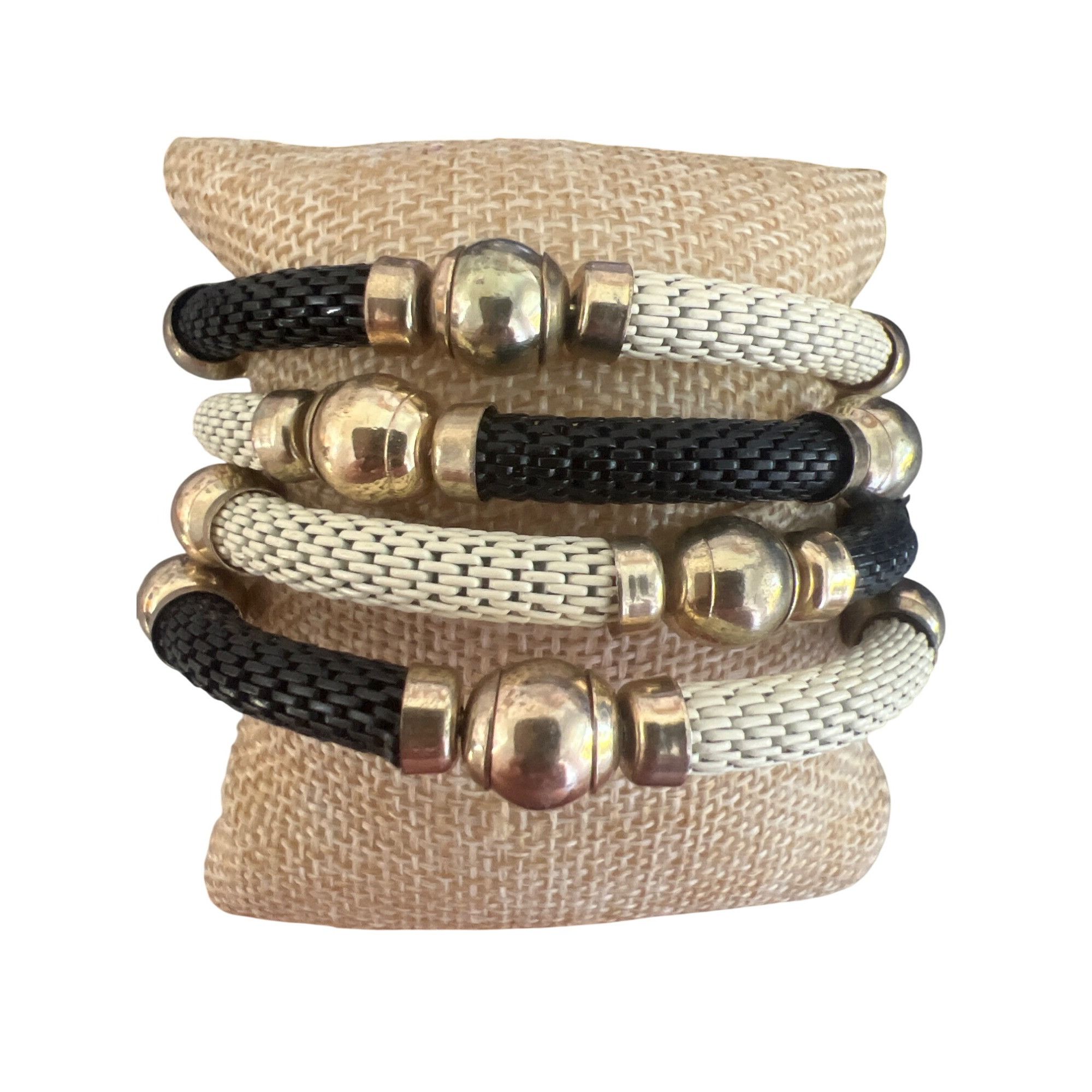 Other Vintage Gold Tone Cream Black Mesh Memory Wire Bracelet Cuff Size ONE SIZE - 3 Thumbnail