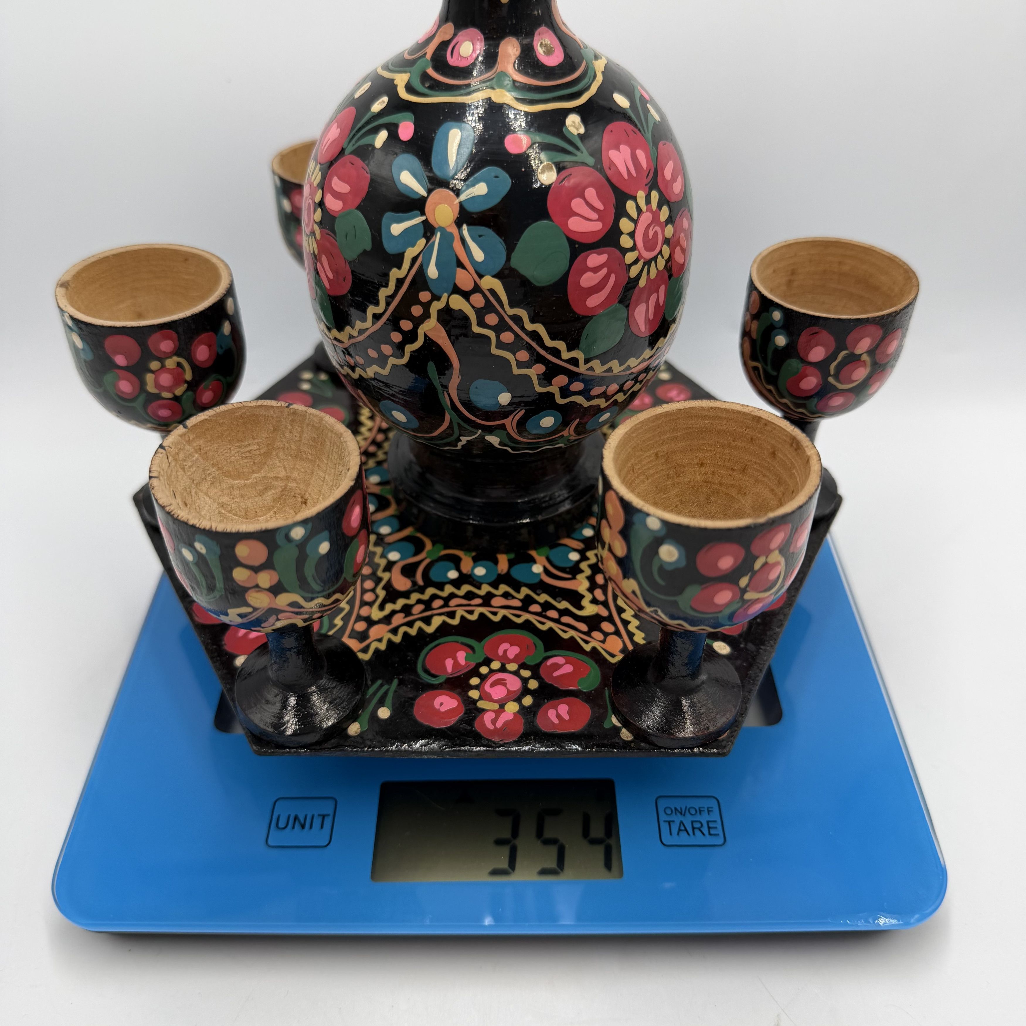 Vintage Vintage Hand Painted Wooden Decanter Set & 6 Goblets Tray Size ONE SIZE - 4 Thumbnail