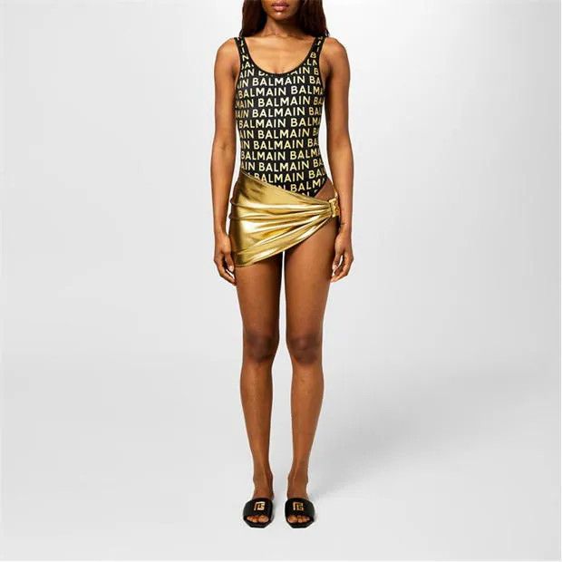 Balmain o1g2r1mq1024 All Over Logo Swimsuit in Black & Gold Size XS / US 0-2 / IT 36-38 - 6 Thumbnail