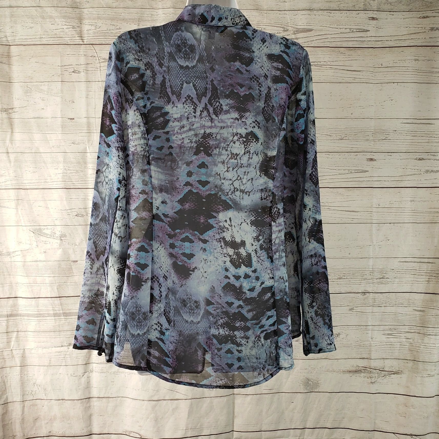 Vintage CAbi 609 Womens Python Print Blouse Sz M Blue Black Semi Sheer Button Front Shirts Womens Size M / US 6-8 / IT 42-44 - 4 Thumbnail