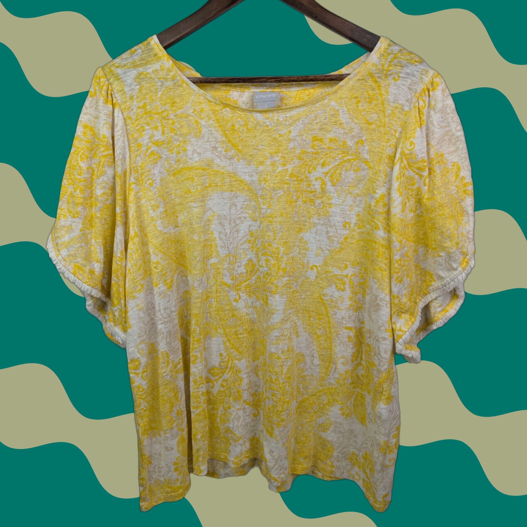 Vintage Chico's Shirt Womens XL Yellow Linen Paisley Flutter Sleeve Blouse Size 3 Size XL / US 12-14 / IT 48-50 - 1 Thumbnail