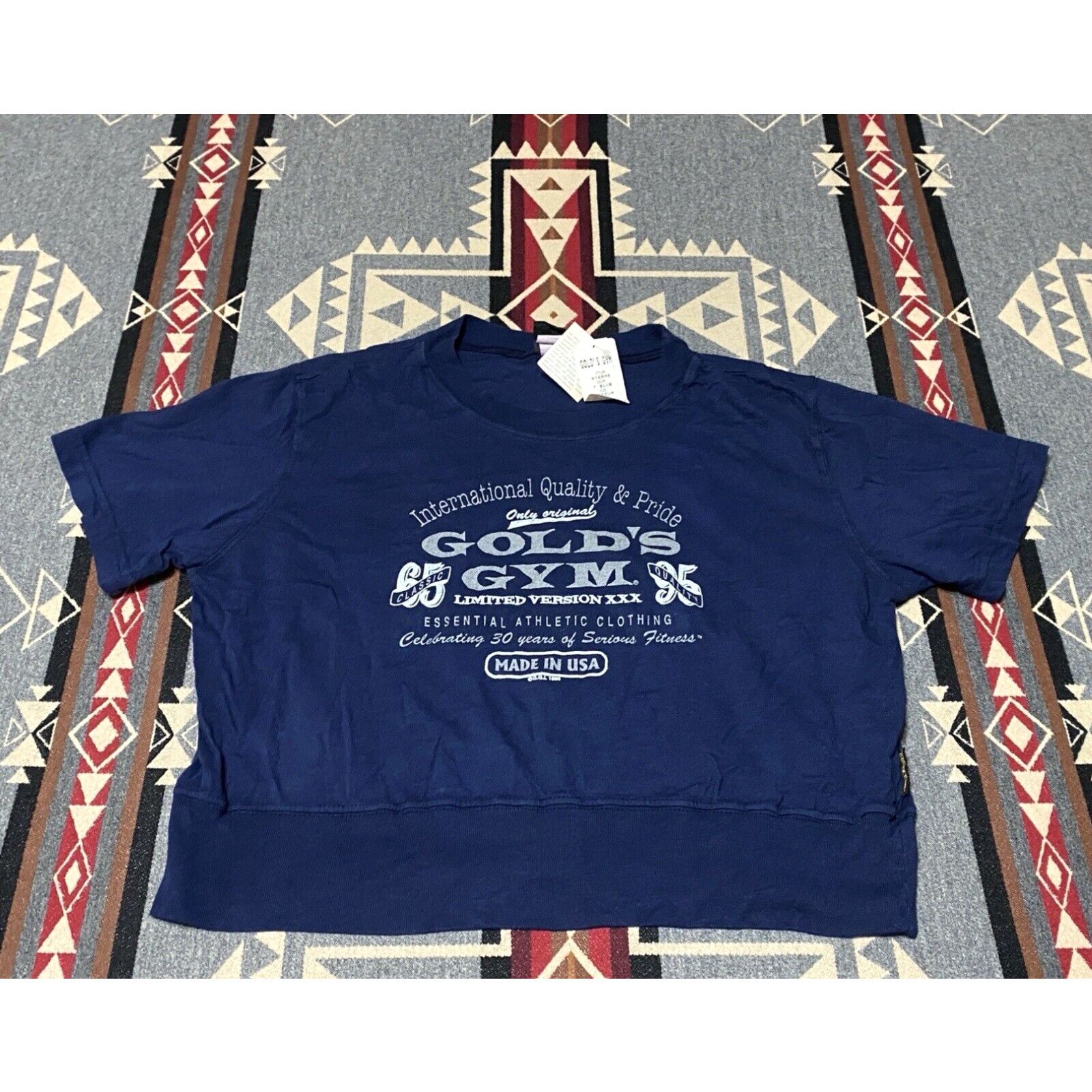 image of Vintage Gold's Gym Cropped Short Sleeve Sweatshirt NWT Size M Blue 1996 Men’S VTG T69 in White