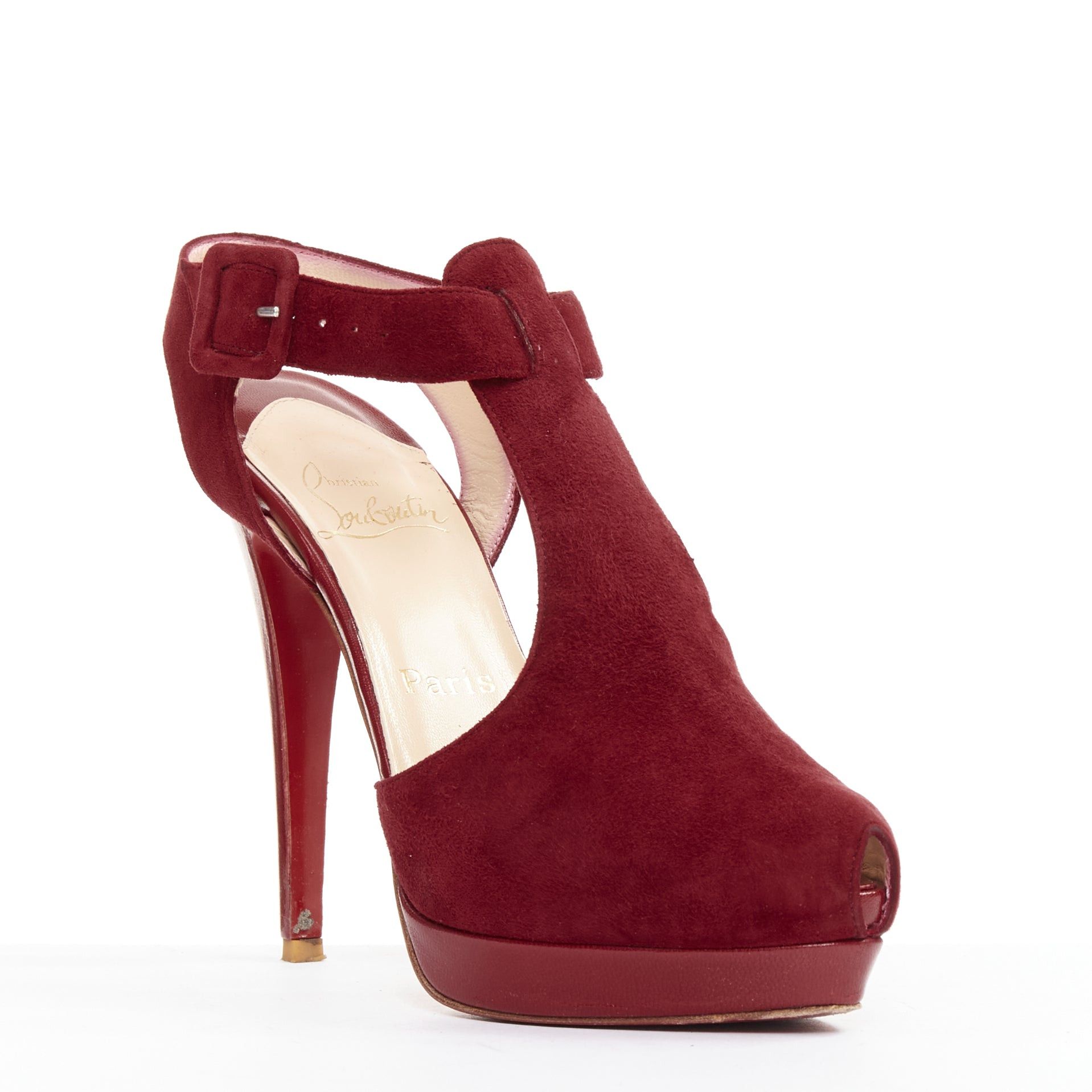 Christian Louboutin CHRISTIAN LOUBOUTIN Orlan 140 Suede dark red T strap platform buckle sandals EU38 Size US 8 / IT 38 - 1 Thumbnail