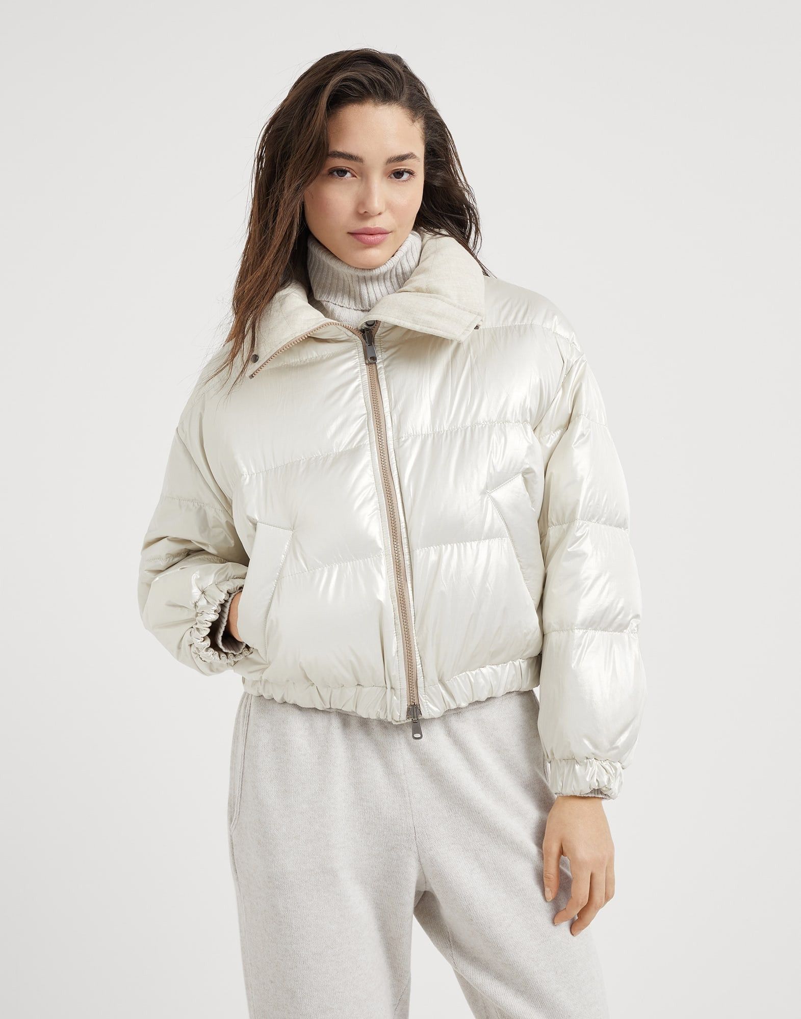 Brunello Cucinelli o1la1rc1a0326 Sparkling Canvas Down Jacket in Pearl Grey Size XL / US 12-14 / IT 48-50 - 1 Thumbnail