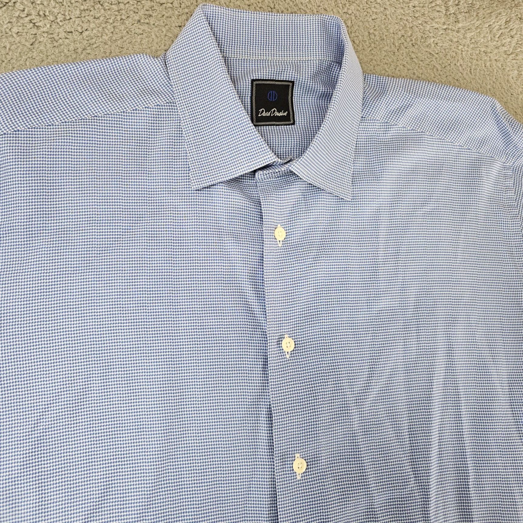 David Donahue David Donahue Shirt Mens 17.5 Blue Houndstooth Cotton Button Front Size 48R - 3 Thumbnail