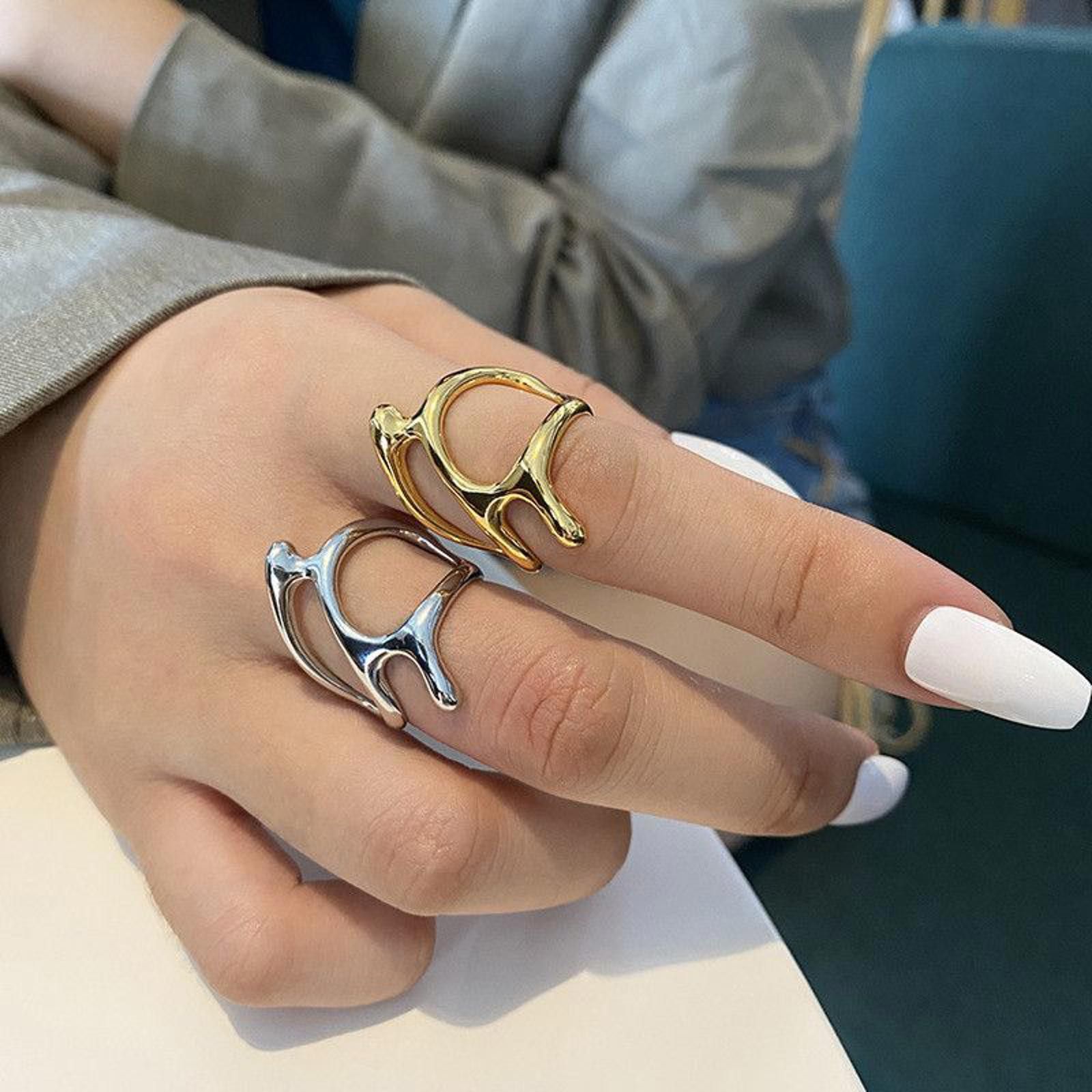 Jewelry Liquid Metal Chunky Hollow Open Adjustable Set Of Rings Size ONE SIZE - 1 Thumbnail