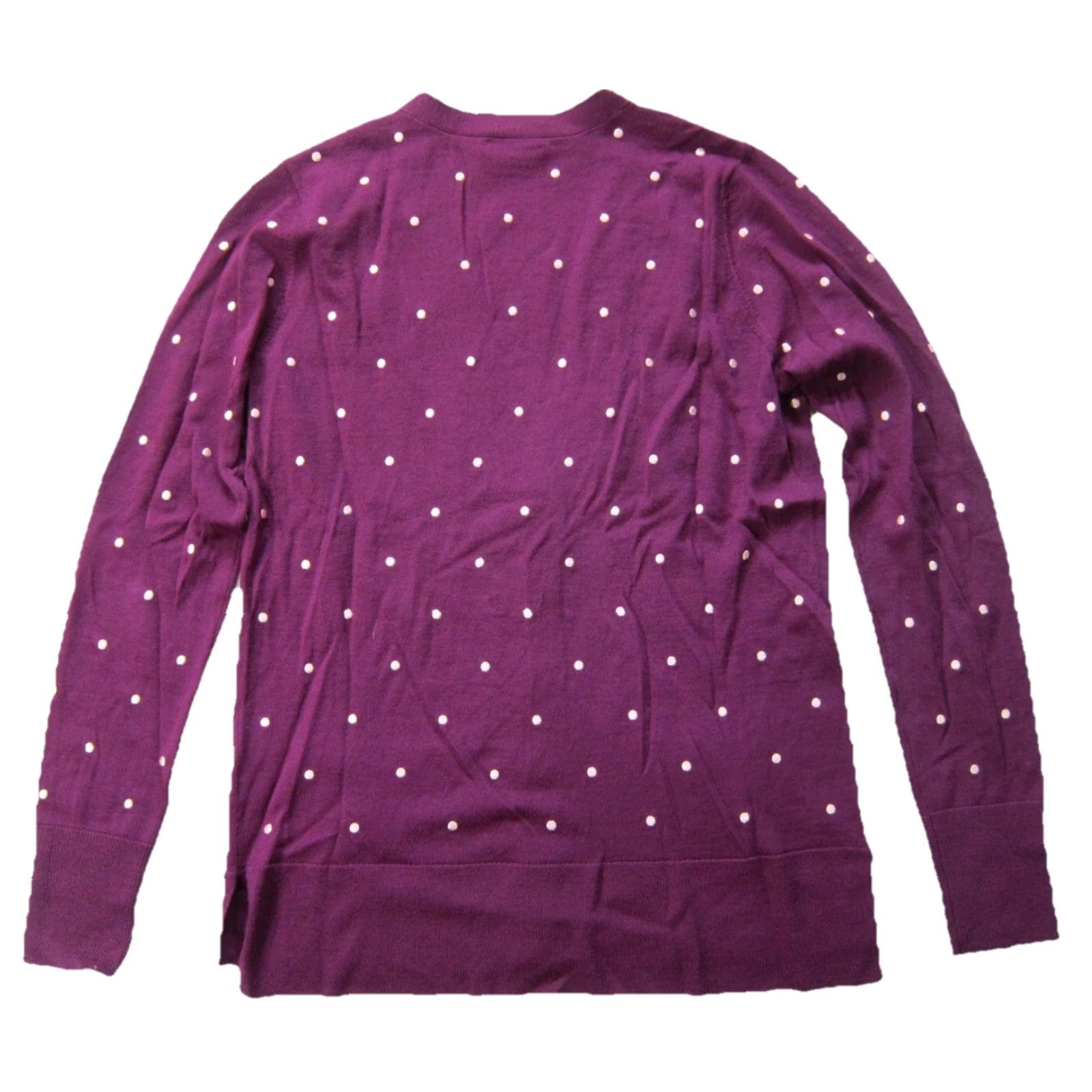 Vintage Halogen Cardigan Sweater Women Small V-Neck 100% Wool Purple White Polka Dot Knit Button Thin Long Sleeve Size S / US 4 / IT 40 - 2 Thumbnail