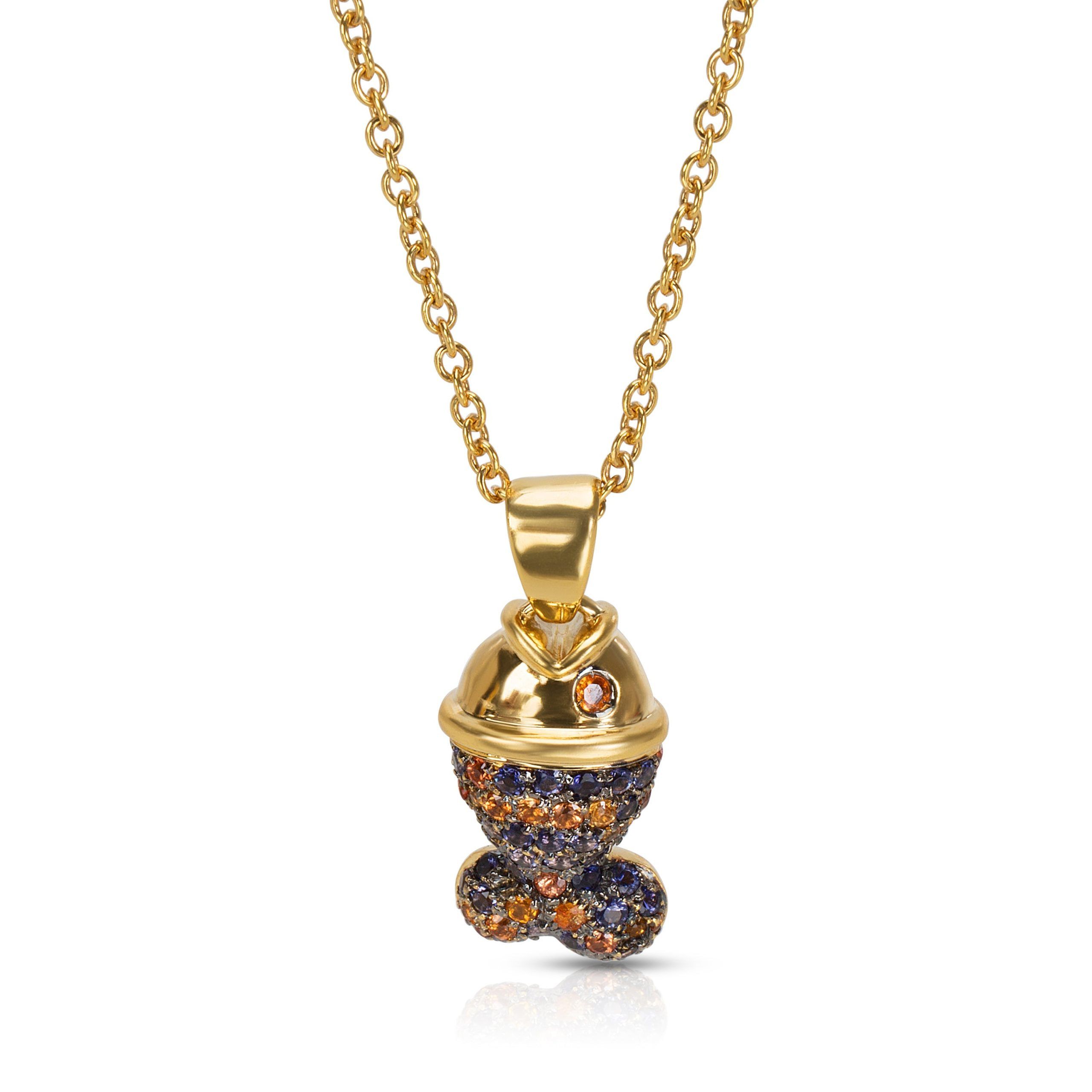 image of Louis Vuitton Lepozzi Pave Sapphire Fish Pendant Necklace In 18K Yellow Gold 1.93 Ctw, Women's