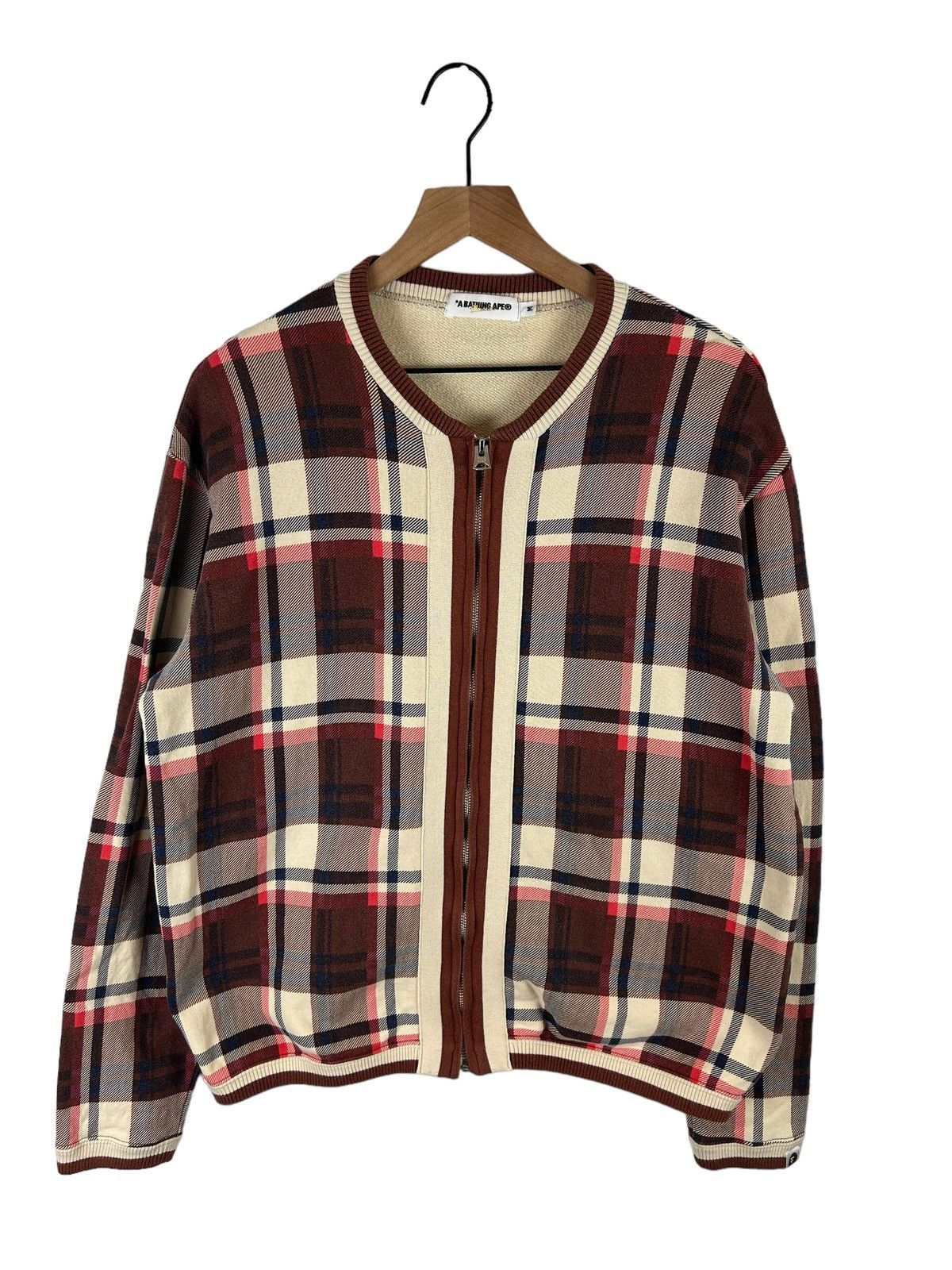 image of Bape Love Generation Plaid Zip Cardigan in Beige, Men's (Size Medium)