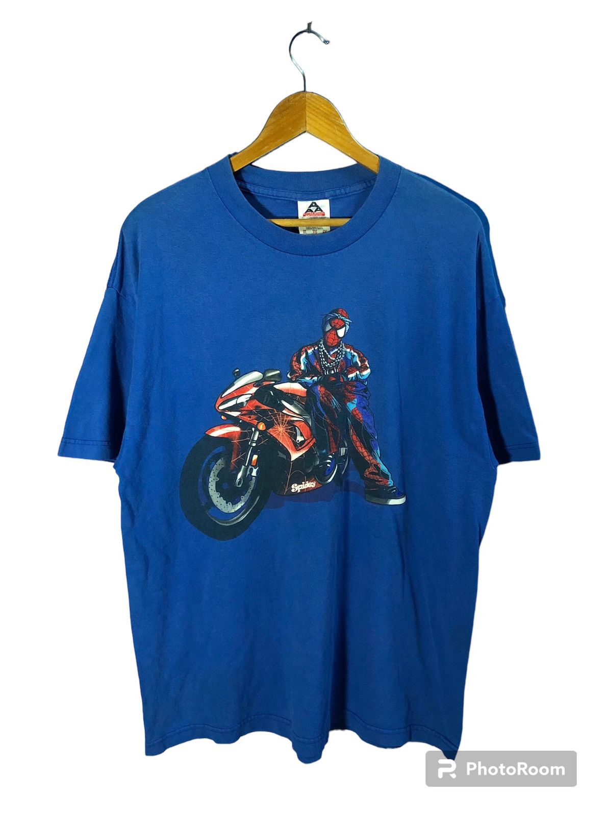 image of Marvel Comics x Rap Tees Vintage Y2K Spiderman Gangster Bike Motorcycle Promo Tee in Blue (Size XL)
