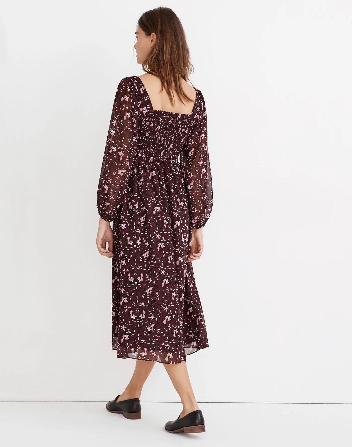 NWT (Re)sourced Georgette Sheer-Sleeve Smocked Midi Dress
