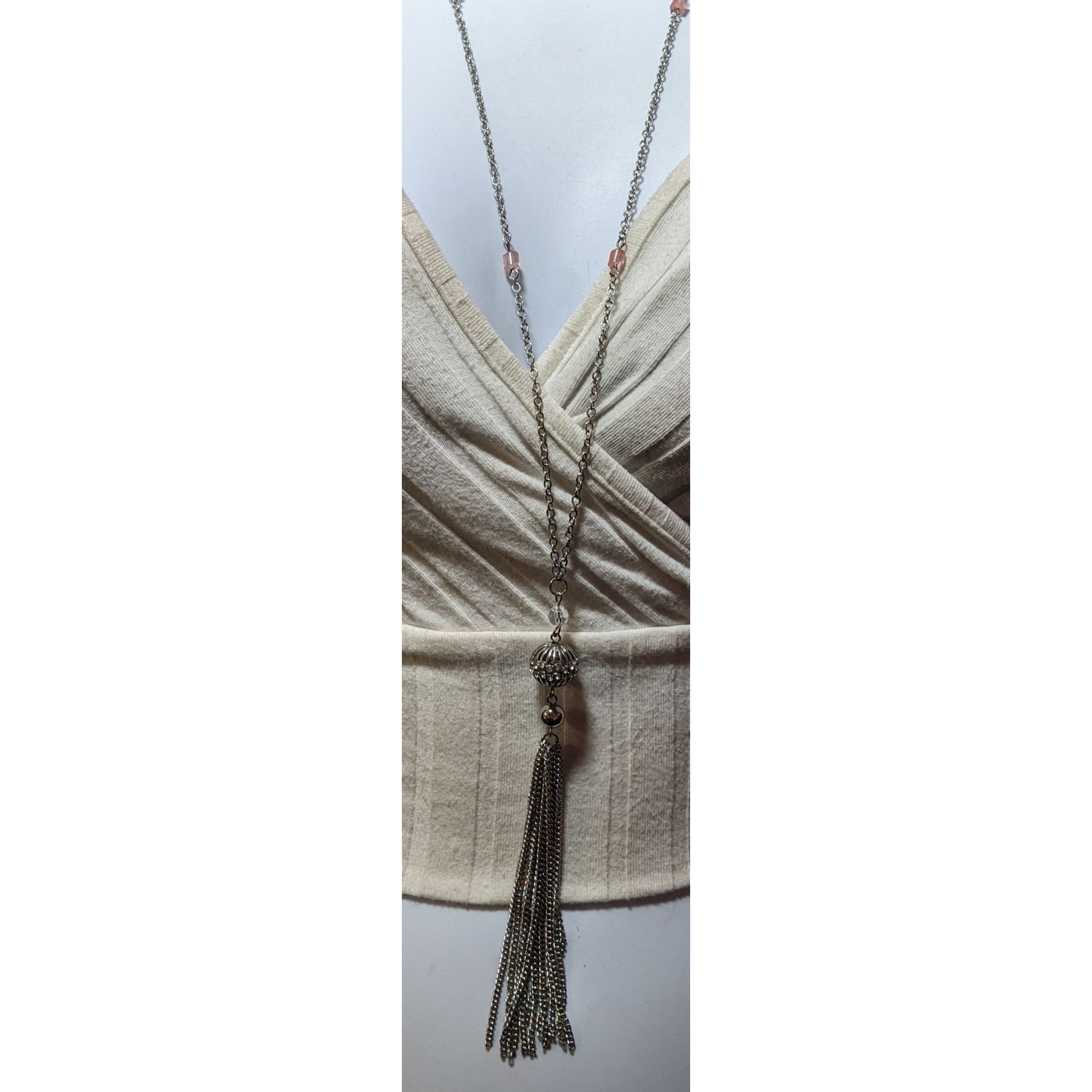 Macys Macy's Style Lab Silver Tone Pink Beaded Tassel Necklace Size ONE SIZE - 2 Thumbnail