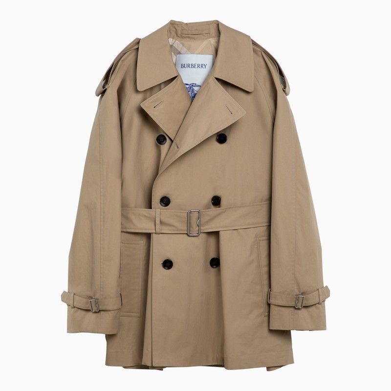 image of Burberry Short Double-Breasted Beige Trench Coat With Belt in Brown, Women's (Size Small)