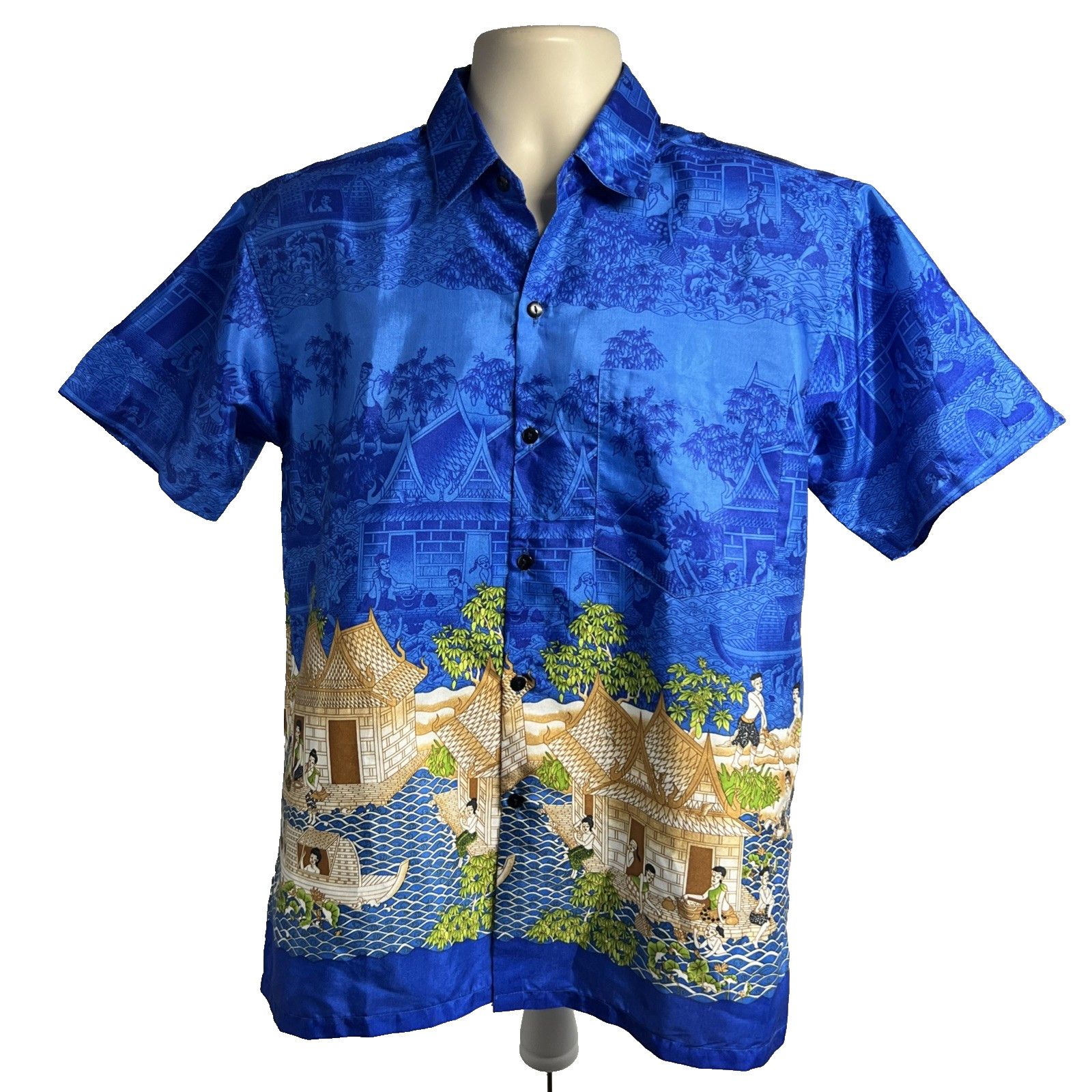Vintage Thai Silk Siew Chang Huat Blue Button Up Shirt Small Pocket Size US S / EU 44-46 / 1 - 1 Thumbnail