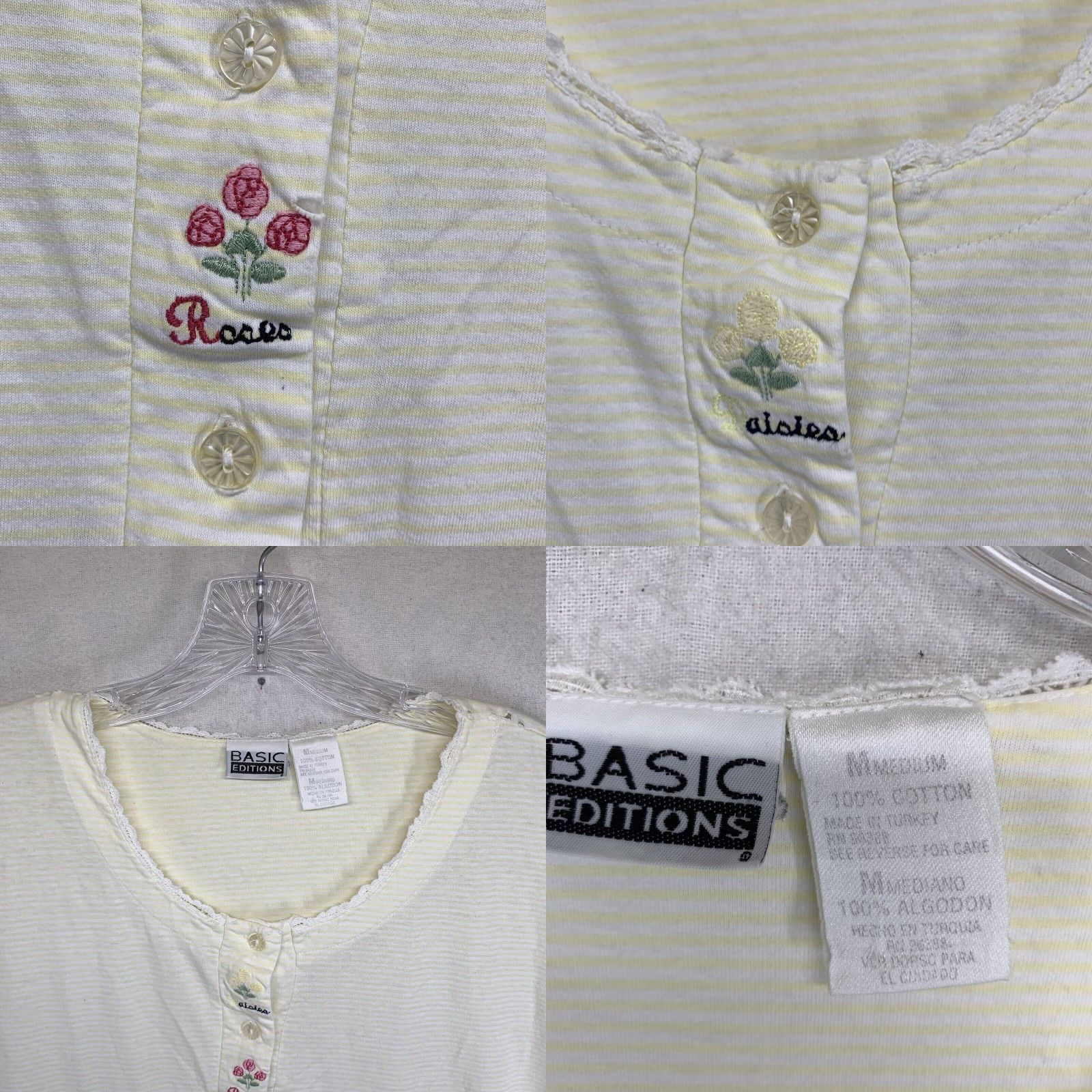 Basic Editions VINTAGE Basic Editions Women's Shirt Dress Midi Summer Casual Embroidered Flower Cotton M Yellow & White Size M / US 6-8 / IT 42-44 - 8 Thumbnail